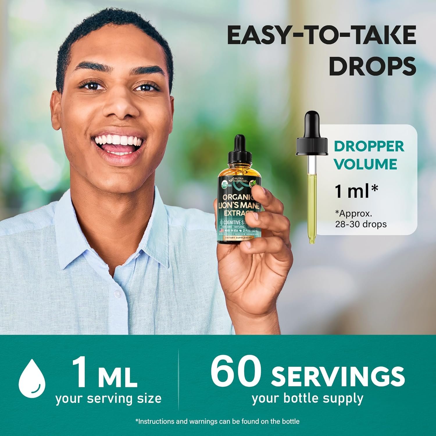 Lions Mane Liquid - USDA Certified Organic Lions Mane Supplement - Brain Support, Energy, Memory & Focus - Sugar & Alcohol-Free Lions Mane Mushroom Extract 72,000 mg / Bottle - 2 Fl OZ, 2 Month Supply - Image 5