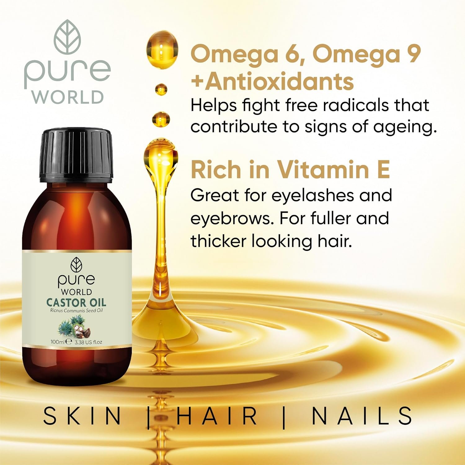 Pure World Castor Oil 100ml 3.38 fl Oz Cold Pressed 100% Pure and Natural Eyebrows, Nails, Beard, Hair, Eyelash Growth Cruelty Free - Image 9