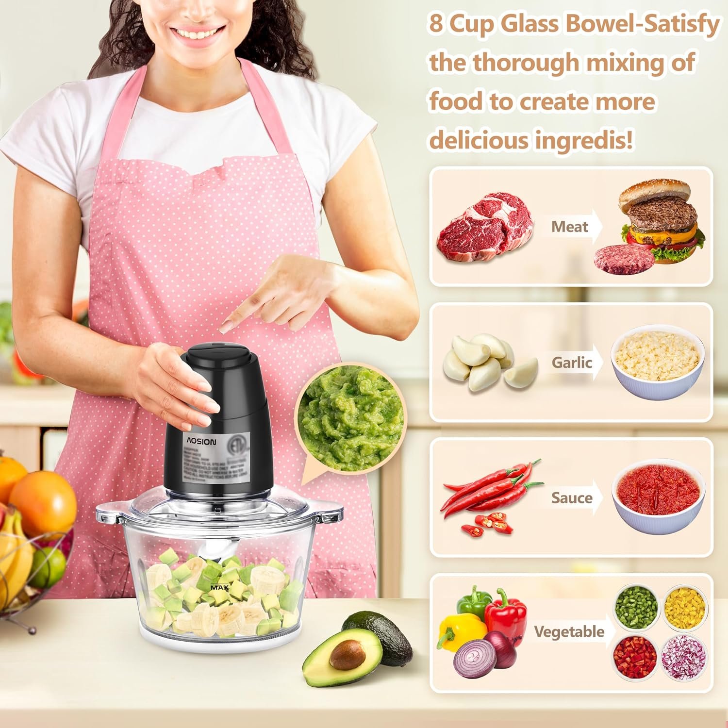 AOSION Electric Food Processor,8 Cup food Chopper,Vegetable Chopper & Meat grinder 350W with 2L Glass Bowl Grinder with 2 Speed for Baby Food/Meat/Fruits/Nuts. - Image 7