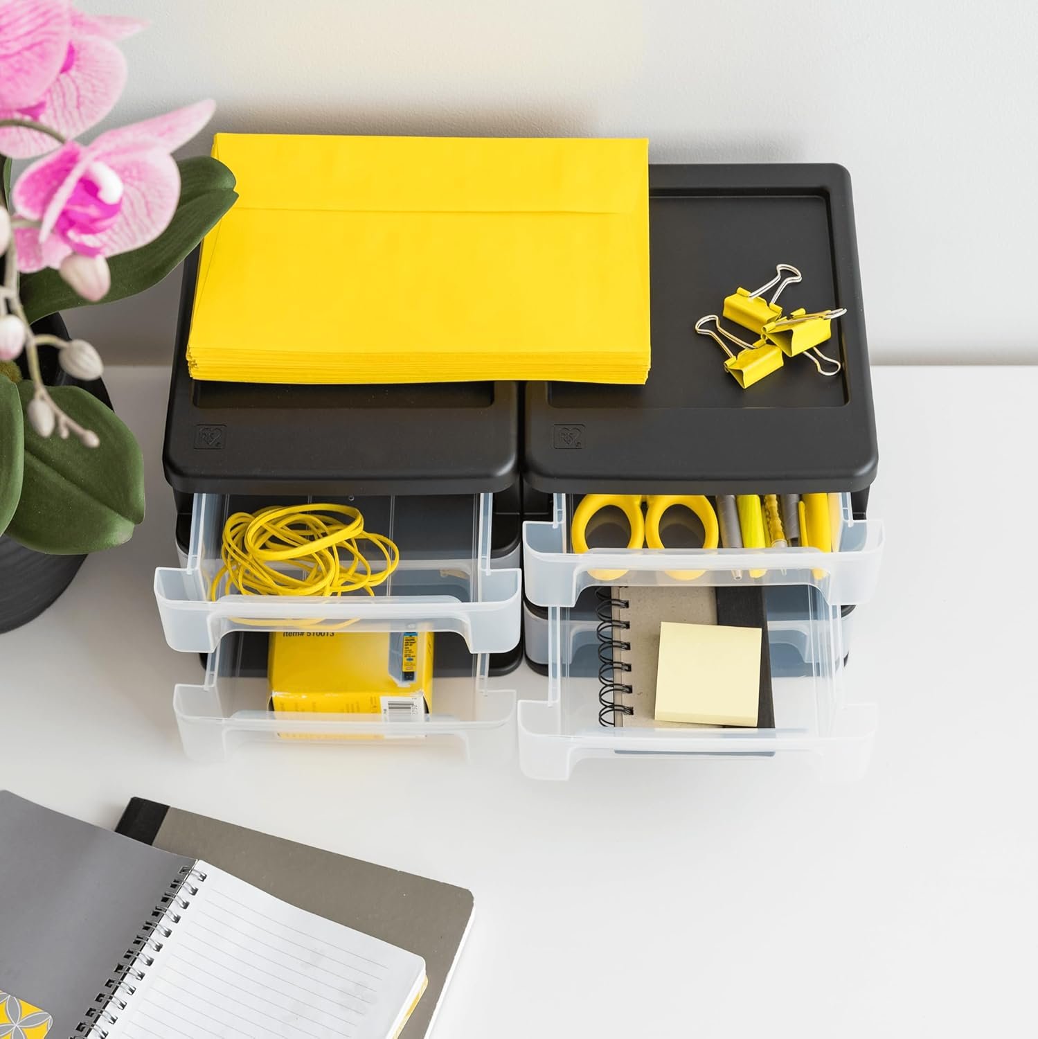 IRIS USA Plastic Stacking Desk Top 3-Drawer Storage Organizer, 4-Pack, for Makep Vanity Nail Polish Bathroom Stationery Art Craft Supplies Kitchen Office Garage and Small Organization, Small, Black - Image 9