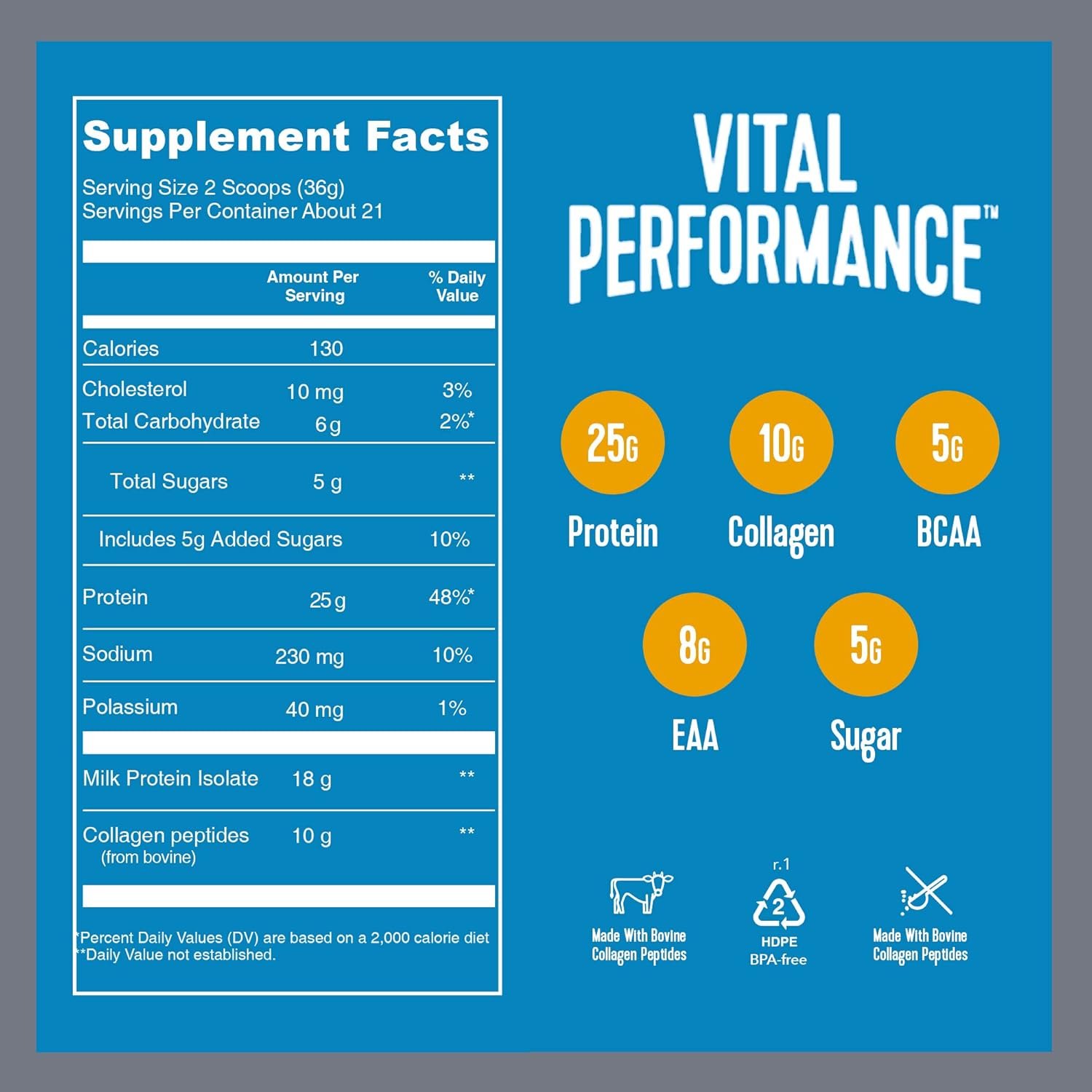 Vital Proteins Performance Powder, 25g Lactose-Free Milk Protein Isolate Casein & Whey Blend, NSF for Sport Certified, 10g Collagen Peptides, 8g EAAs, 5g BCAAs, Gluten-Free - Vanilla, 1.68lb - Image 3
