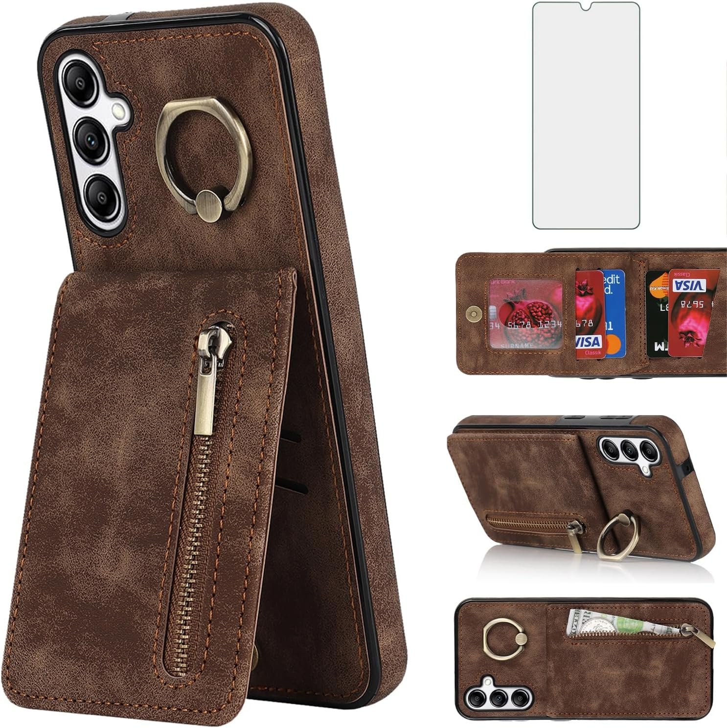 Asuwish Phone Case for Samsung Galaxy A14 5G Wallet Cover with Tempered Glass Screen Protector and Cell Accessories Zipper RFID Card Holder Slot Ring Kickstand A 14 4G 14A G5 A145G SM Women Men Brown - Image 2