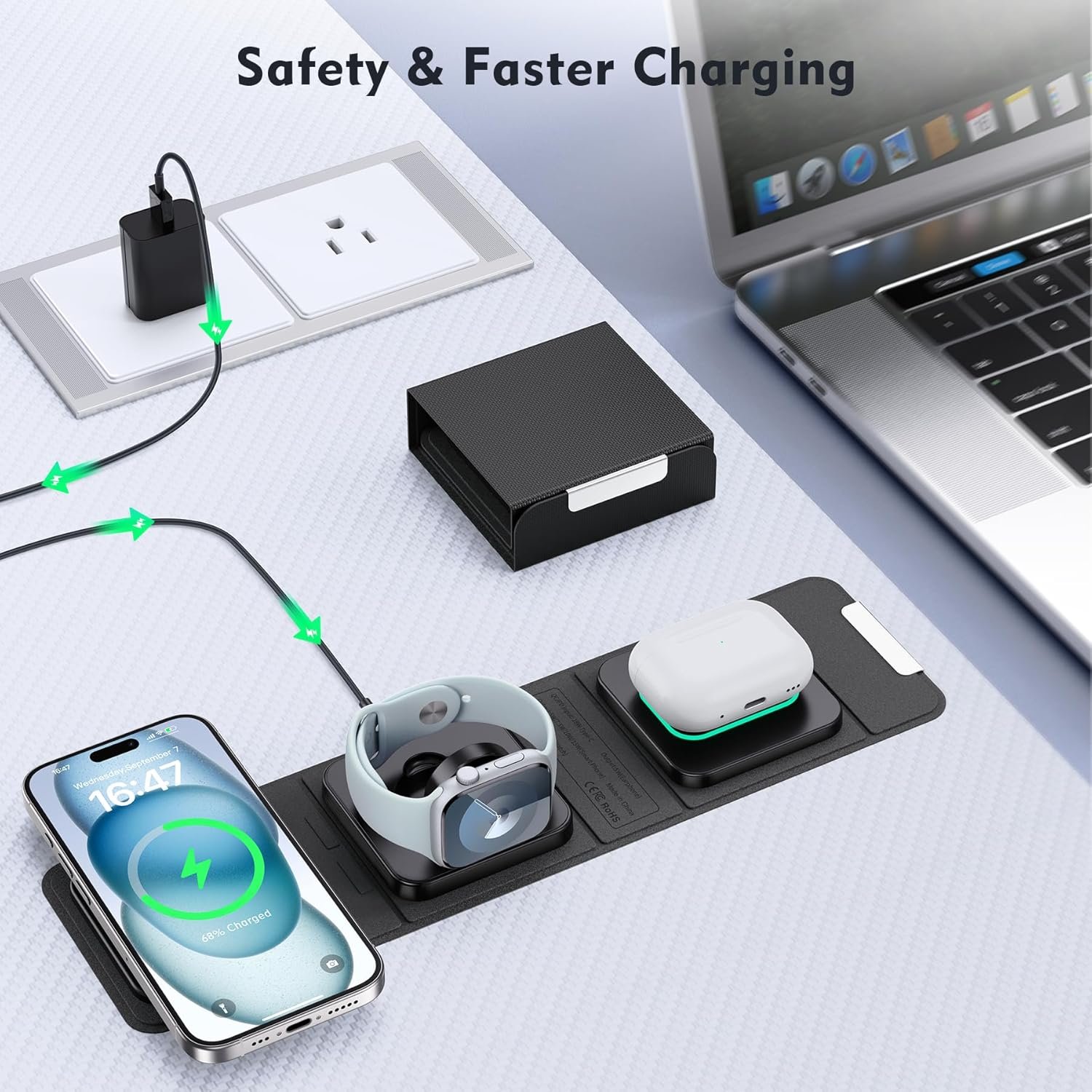 Wireless Charger for iPhone - 3 in 1 Charging Station for Apple Multiple Devices, Foldable Magnetic Mag-Safe Travel Charging Pad for iPhone 16 15 14 13 12 Pro Max Plus iwatch Watch & Airpods - Image 7