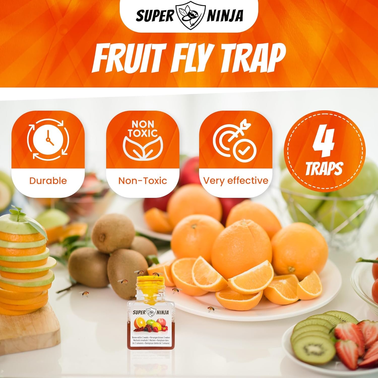Super Ninja Fruit Fly Traps for Indoors - 4 Traps - Highly Effective Eco-Friendly Fruit Fly Catcher for Indoors - Pet and Child Safe - Up to 3 Weeks per Bottle - Image 3