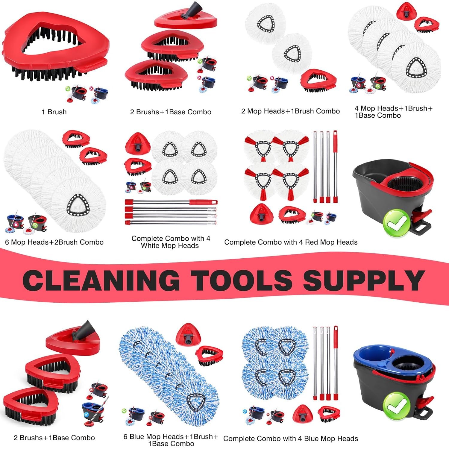 Mop Heads Replacements Complete Set for O-Ceda,4 Pcs Red Machine Washable Microfiber Spin Mop Refills Replace Heads,1 Scrub Brushs,1 Base,1 Set Handle,Spin Mop Replacements for Tub and Tile Cleaning - Image 8