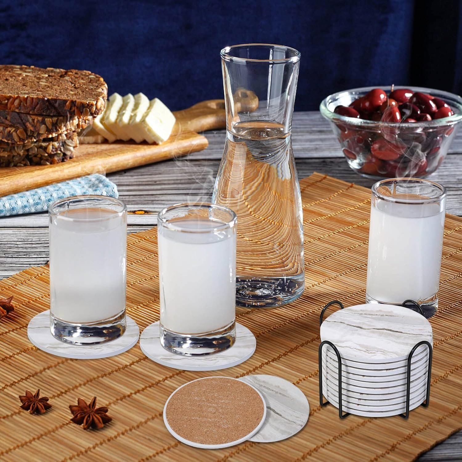 Acejoz Drink Coasters with Holder for Coffee Table, Absorbent Coaster Sets of 6, Marble Style Ceramic Coaster for Wooden Table, Suitable for Kinds of Cups, Home Decor, 4 Inches - Image 3