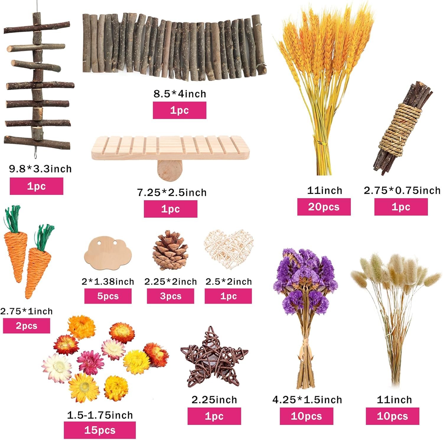 MOMOONNON Hamster Chew Toys Set Natural Wooden Hamster Toys Coconut Hamster House Artificial Plant Dried Flowers Teeth Small Animal Toys Cage Landscaping for Chinchillas Guinea Pigs Pet Mice - Image 3