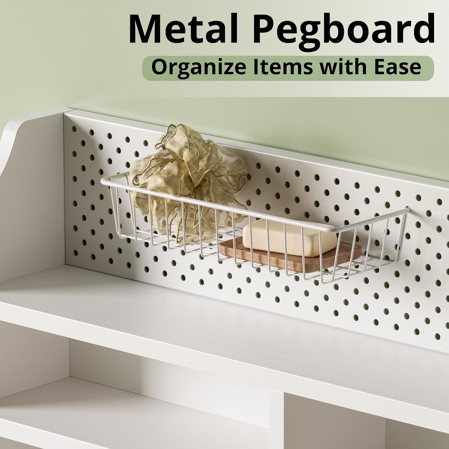 IRONCK Over The Toilet Storage Cabinet, Freestanding Bathroom Organizer with Door Cabinet & Open Shelves, Space-Saving Toilet Rack with Metal Pegboard and Wire Basket for Bathroom, Laundry Room, White - Image 7