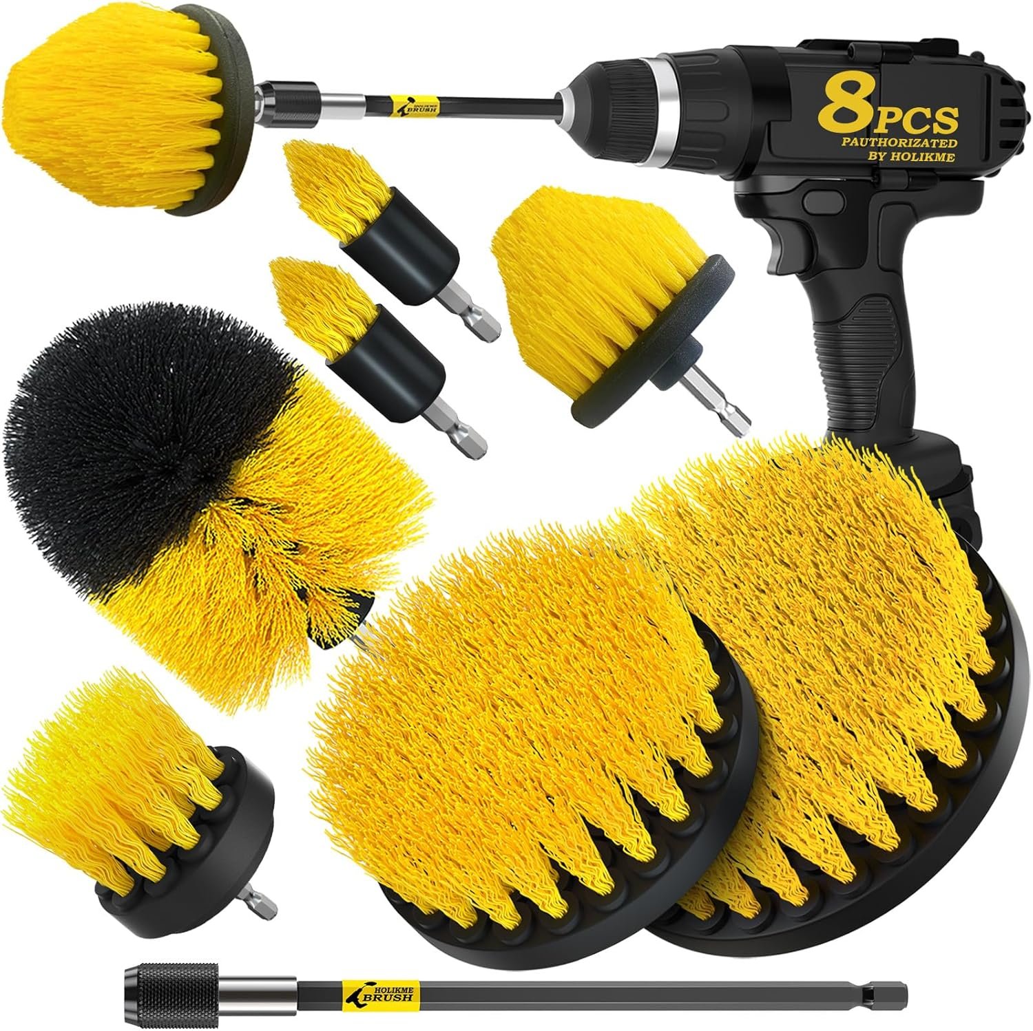 Holikme 8 Piece Drill Brush Attachments Set, Power Scrubber with Extend Long Attachment,Cleaning Supplies for Bathtub, Shower, Grout, Tile(Yellow) - Image 2