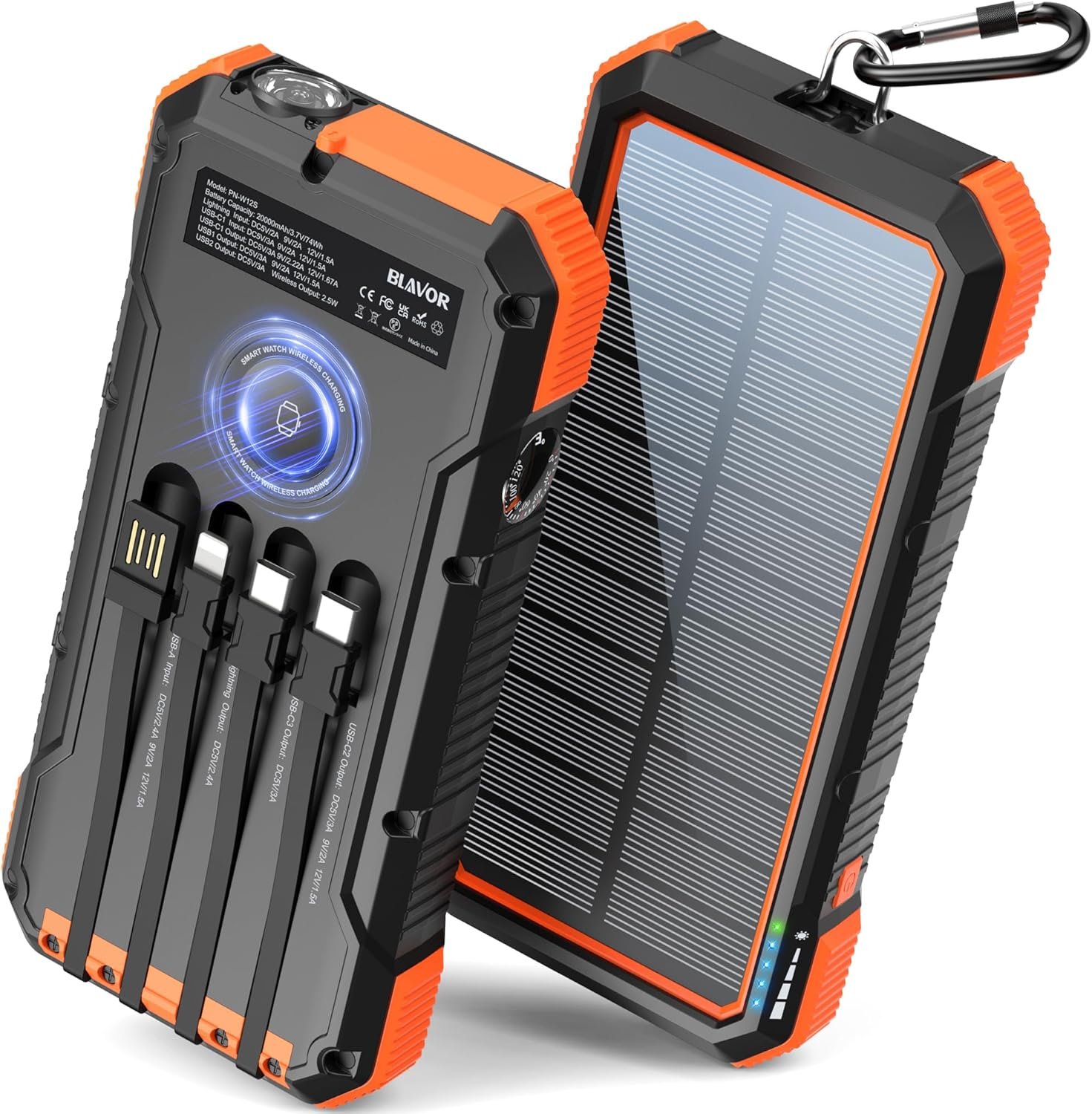 BLAVOR Solar Power Bank 20000mAh Built in 4 Cables,20W Fast Charging Portable Charger with USB C in/Output,Flashlight,Wireless Charging Battery pack for Apple Watches,Compatible with All Mobile Phones - Image 2