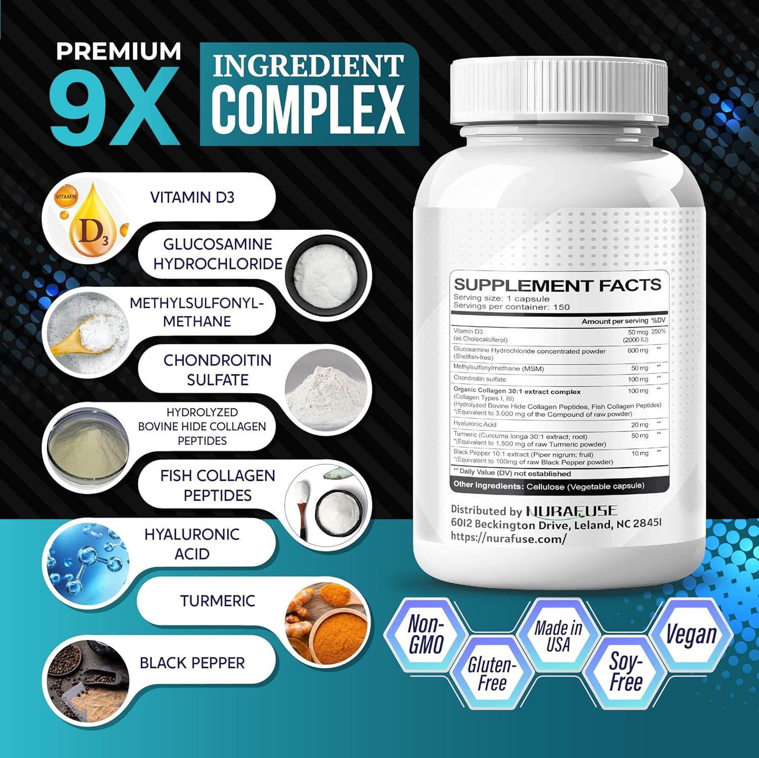 GLUCOSAMINE 9-in-1 Formula - with MSM Chondroitin Collagen Turmeric Hyaluronic Acid Vitamin D3 Non-GMO, Gluten-Free, Soy-Free - Image 3