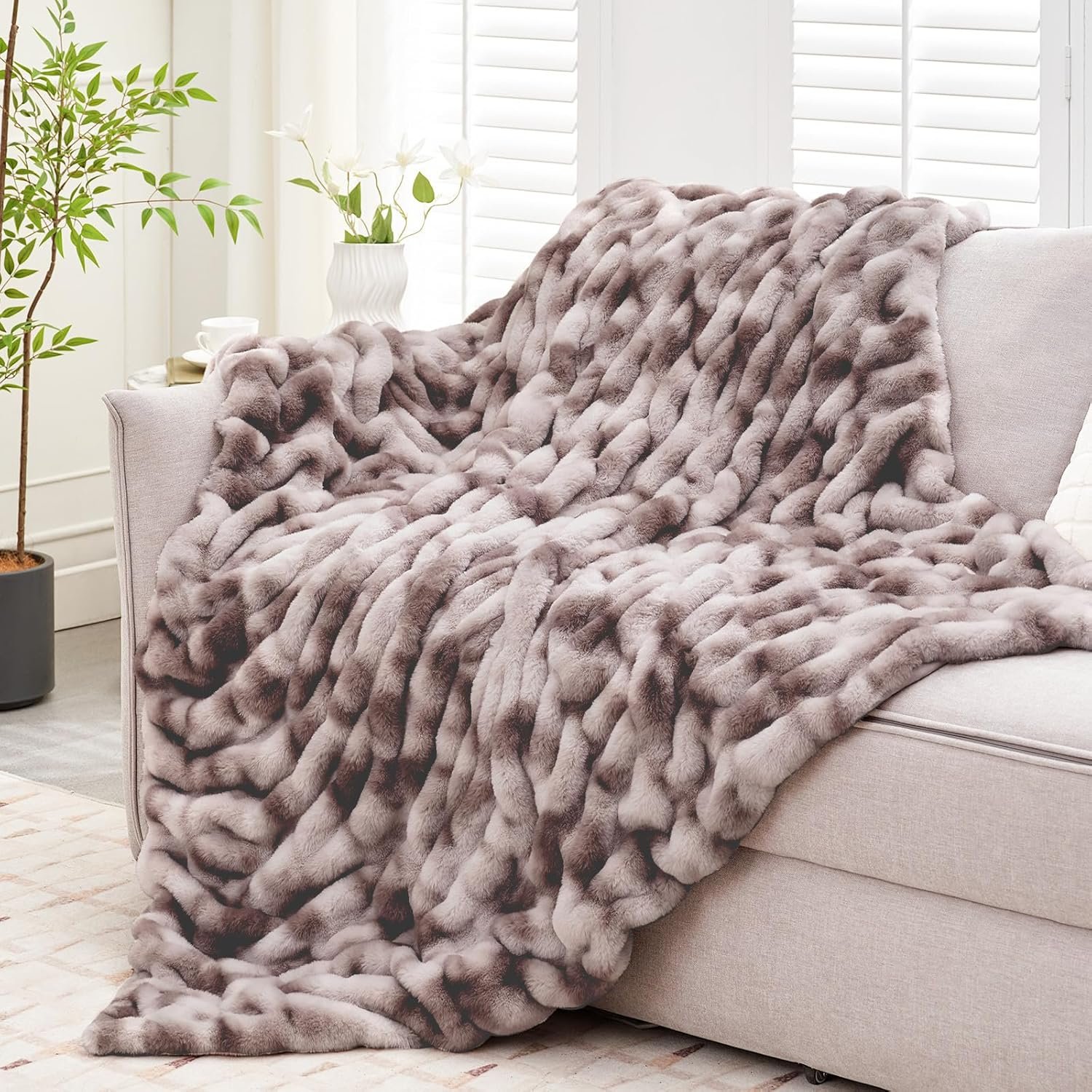 Ultra Soft Luxury Faux Fur Throw Blanket for Counch,Fuzzy Fluffy Plush Warm Cozy Elegant Wrinkled Blanket for Sofa Bedroom Living Room,(50"x60",Tie-dye Taupe) - Image 2