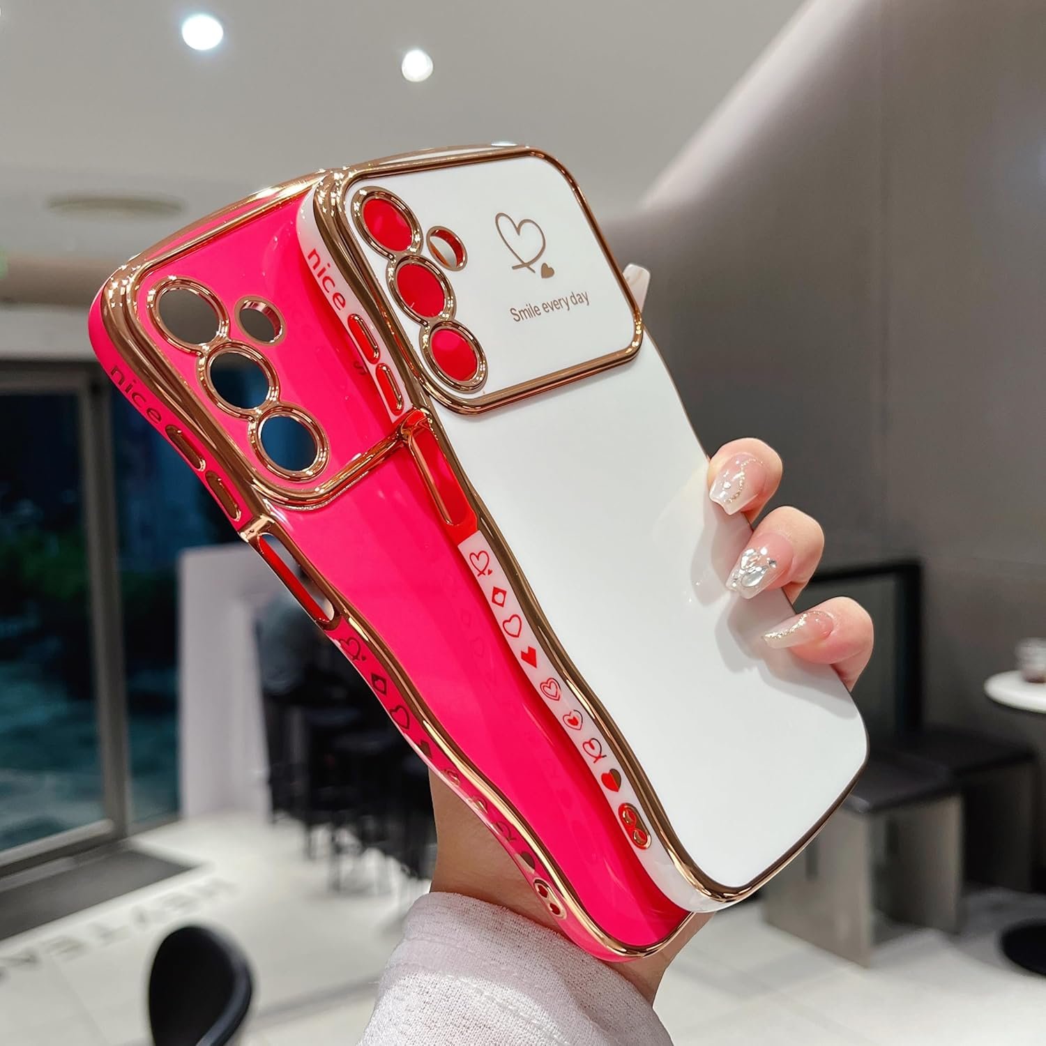 ZTOFERA for Samsung Galaxy A14 4G/5G Case 6.6 inch,Cute Curly Wave Frame Case with Love Heart Pattern,Luxury Plating Edge Full Camera Protection Shockproof Phone Case for Women Girls-Rose Red - Image 9