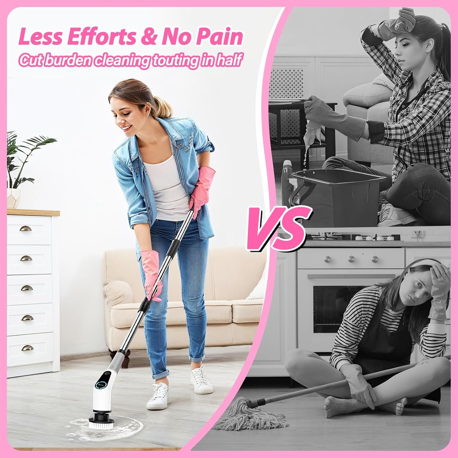 Electric Spin Scrubber, Cordless Cleaning Brush, Shower Scrubber with 8 Replaceable Brush Head, Power Cleaning Brush with Extension Handle, 2 Adjustable Speed, for Bathtub Grout Tile Floor - Image 3