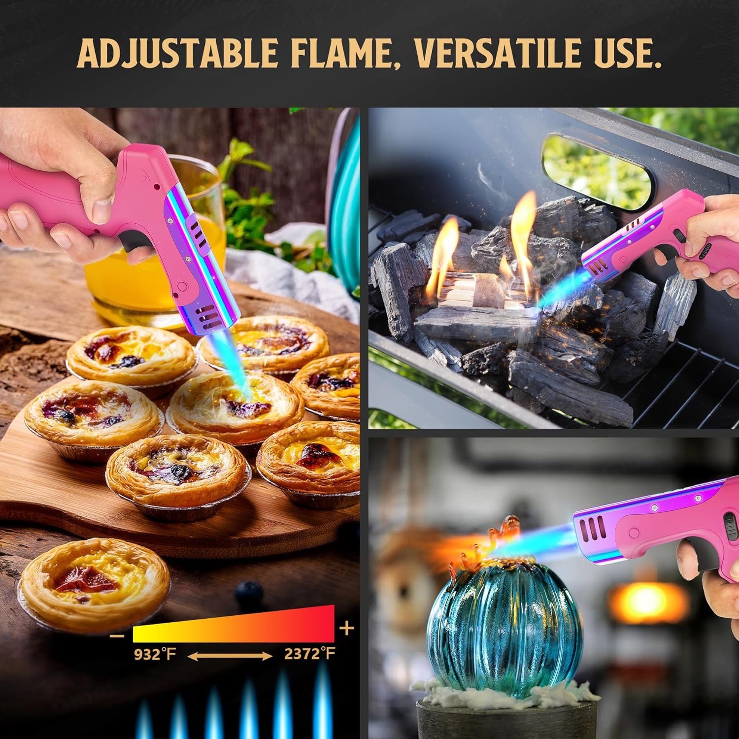 GIBOT Butane Torch Lighter Gun, Refillable Cooking Torch with Adjustable Flame & Safety Lock, Ergonomically Designed Gun lighter for Cooking Welding Grill Industrial Butane Gas Not Included (Pink) - Image 4