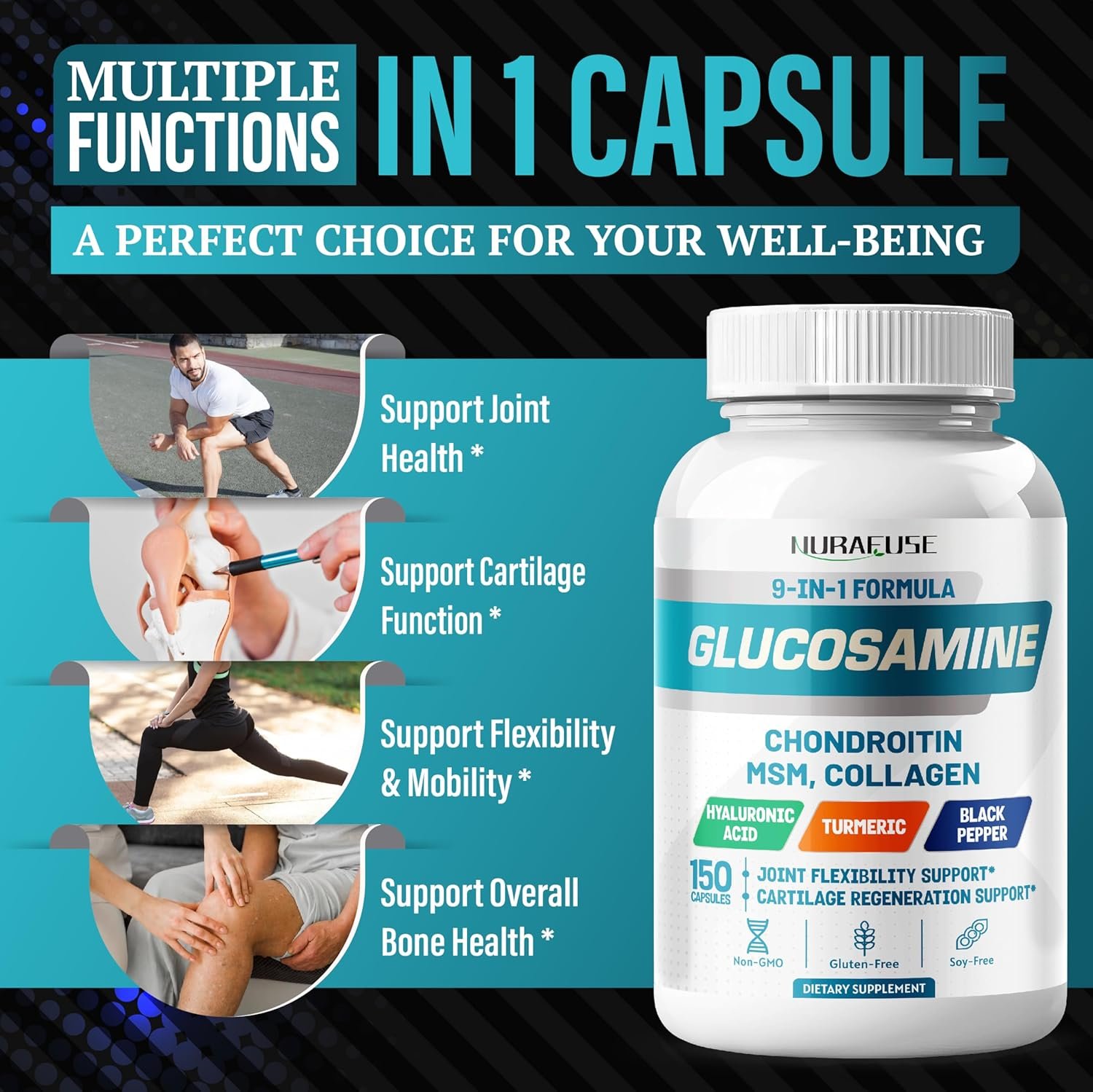 GLUCOSAMINE 9-in-1 Formula - with MSM Chondroitin Collagen Turmeric Hyaluronic Acid Vitamin D3 Non-GMO, Gluten-Free, Soy-Free - Image 5