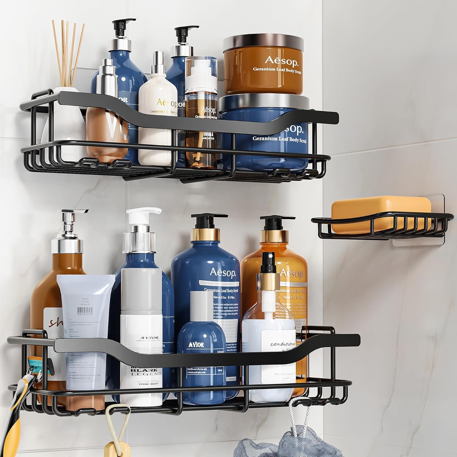 OMAIRA Adhesive Shower Caddy, 3-Pack with Soap Holder,No Drill Bathroom Shower Organizers, Wall Mounted Shower Shelves for Bathroom, Kitchen, Countertop, Black - Image 2