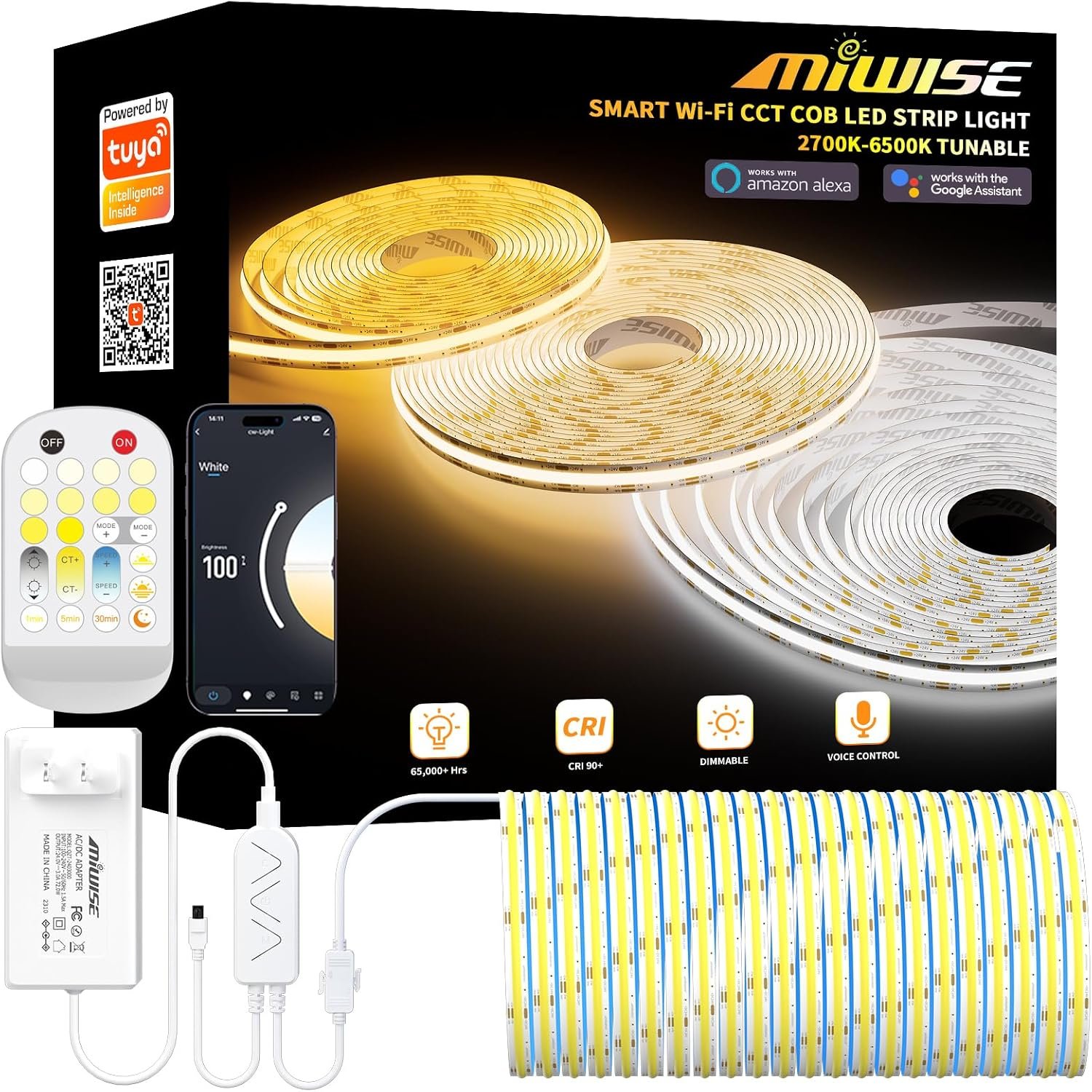 MIWISE CCT COB LED Strip Light Tunable White,32.8ft/10m Dimmable 2700K-6500K CRI90+ 24V LED Tape Light Kit,Work with Alexa/Google Assistant/Tuya,for Under Cabinet Bedroom Kitchen DIY Lighting - Image 2