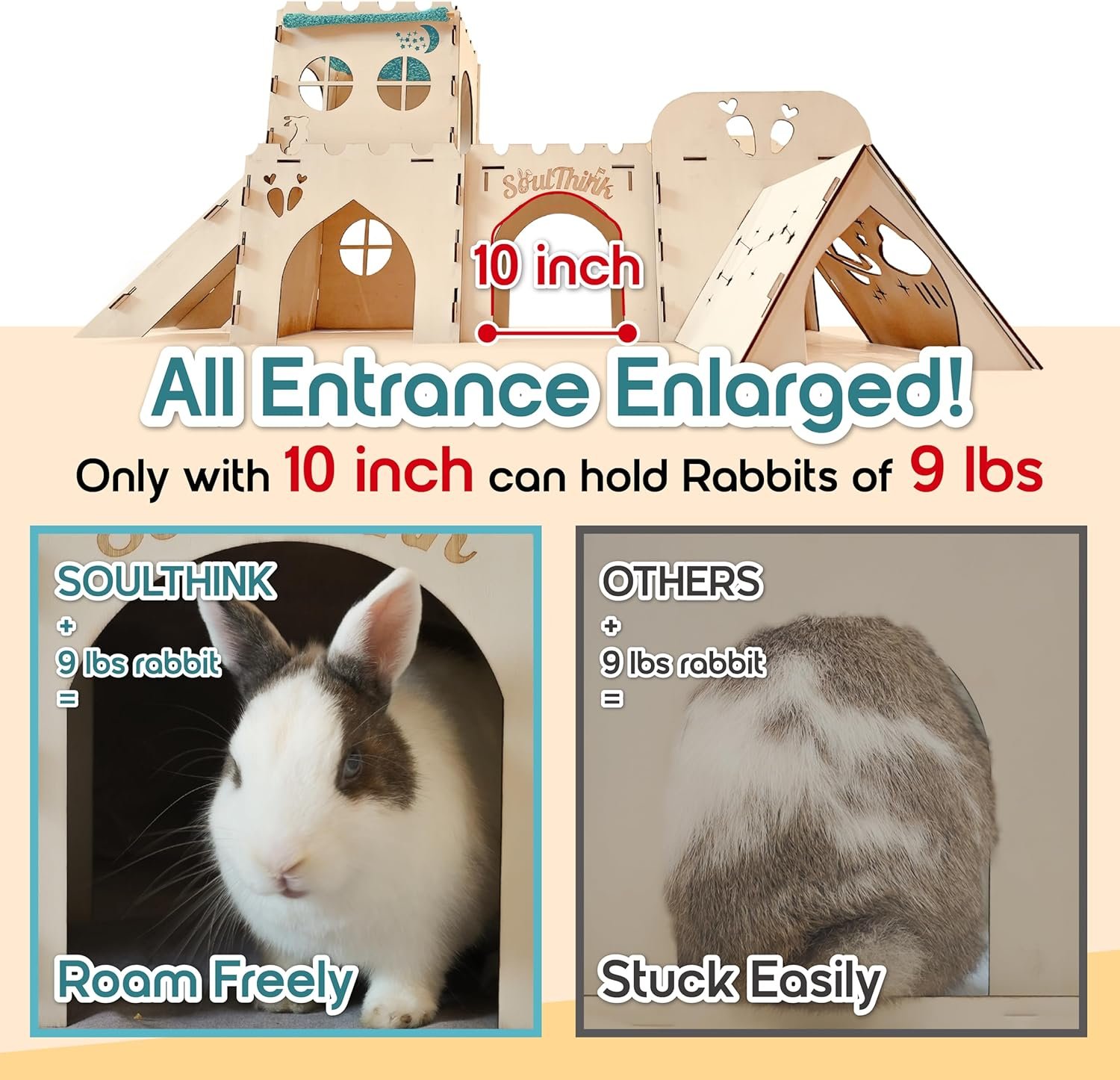 Soulthink® Extra Large Rabbit Hideout and Castle - Easy to Assemble Wooden Rabbit Houses and Hideouts with Ramps and Tunnels Bunny Castle and Rabbit House for Rabbits to Hide and Play Indoor - Image 3