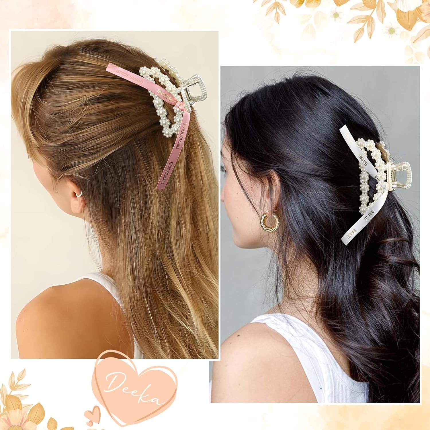 DEEKA Bridesmaid Proposal Gifts 8 Pack Pearl Bridesmaid Hair Claw Clips with Ribbon 3 Inch Hair Clips Bachelorette Party Favors Bridal Party Present Hair Accessories (Half Circle White&Rose Gold) - Image 6