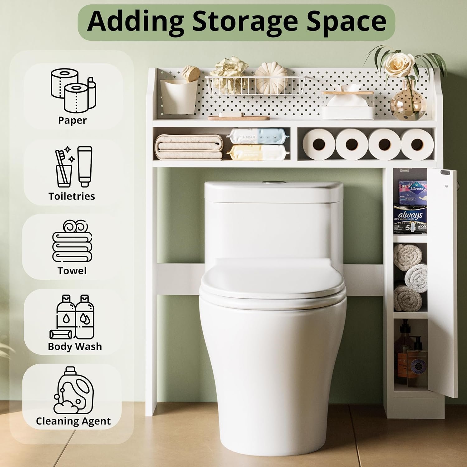 IRONCK Over The Toilet Storage Cabinet, Freestanding Bathroom Organizer with Door Cabinet & Open Shelves, Space-Saving Toilet Rack with Metal Pegboard and Wire Basket for Bathroom, Laundry Room, White - Image 6