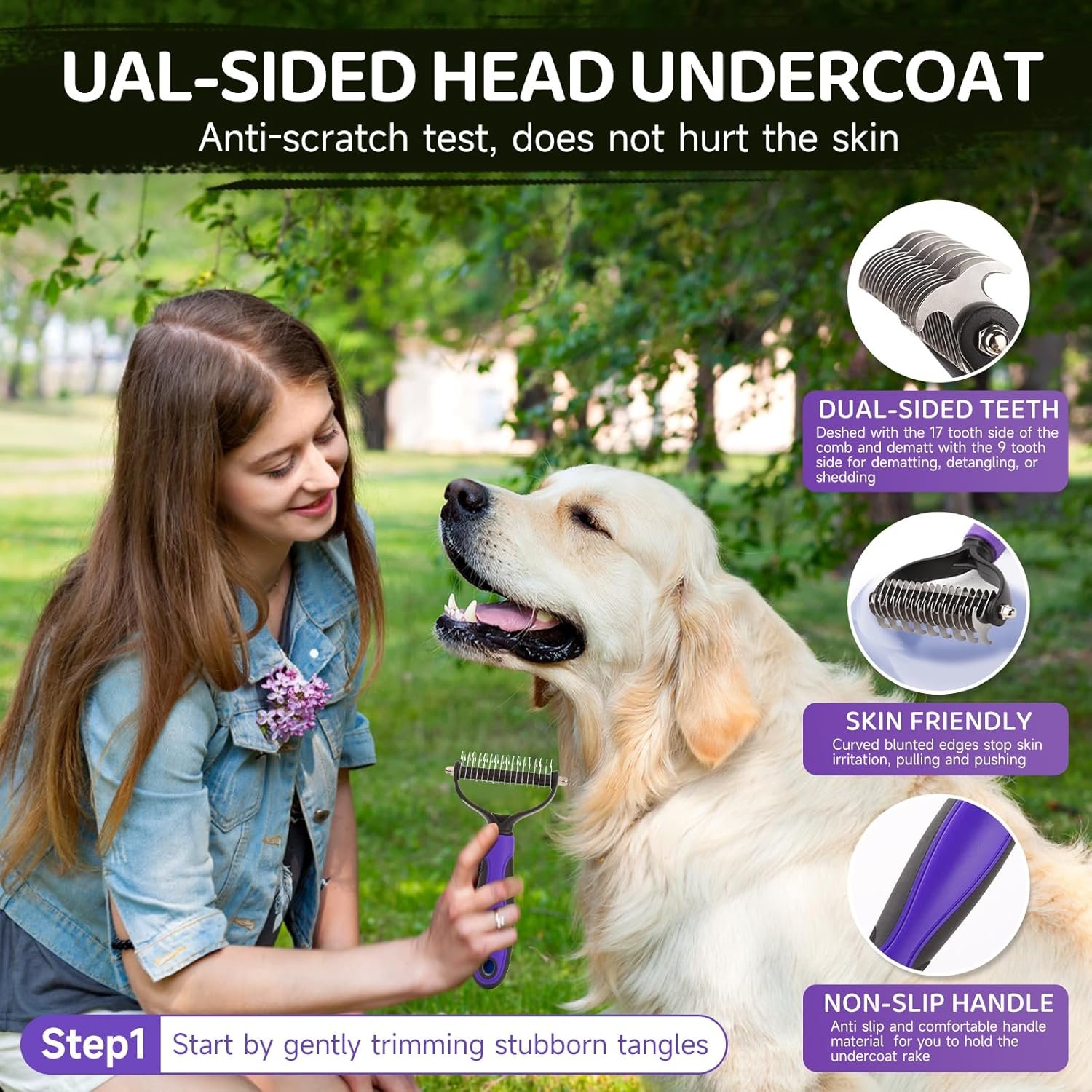 Dog Brush Kit – 3 PCS Grooming Set with Self-Cleaning Brush, Undercoat Rake & Pet Bath Brush. Great for Shedding, Tangles & Dirt Removal – Ideal for Long & Short Haired Dogs & Cats, Purple - Image 4