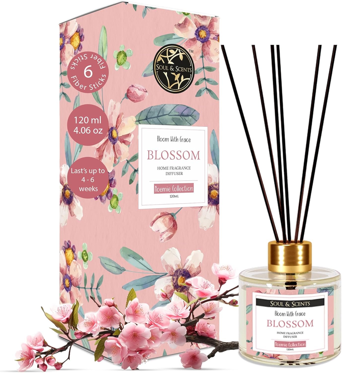 Soul & Scents Blossom Scented 4.06 oz (120ml) Reed Diffuser Set with 6 Fiber Sticks for Room Decor | Home Fragrance Reed Diffuser | Air Freshners for Home - Image 2