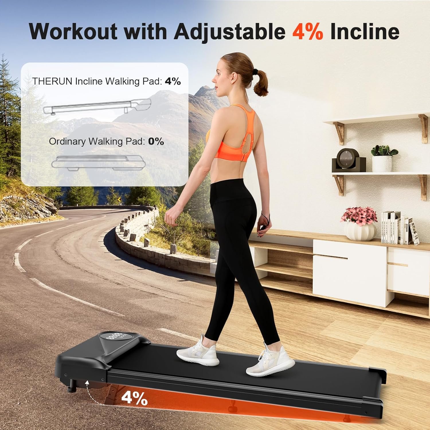 THERUN Walking Pad with Incline, Portable Mini Manual Incline Treadmills for Home/Office, Walking Pad Treadmill 2.5HP, Walking Jogging Machine with 265 lbs Weight Capacity Remote Control LED Display - Image 3