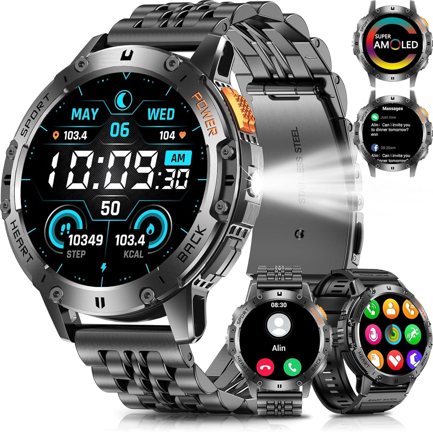 Military Smart Watches for Men with Bluetooth Call, 1.43" AMOLED Waterproof Smartwatch with Flashlight, 111 Sport Modes, 530mAh Heart Rate/SpO2/Sleep Monitor Fitness Tracker for Android iOS - Image 2