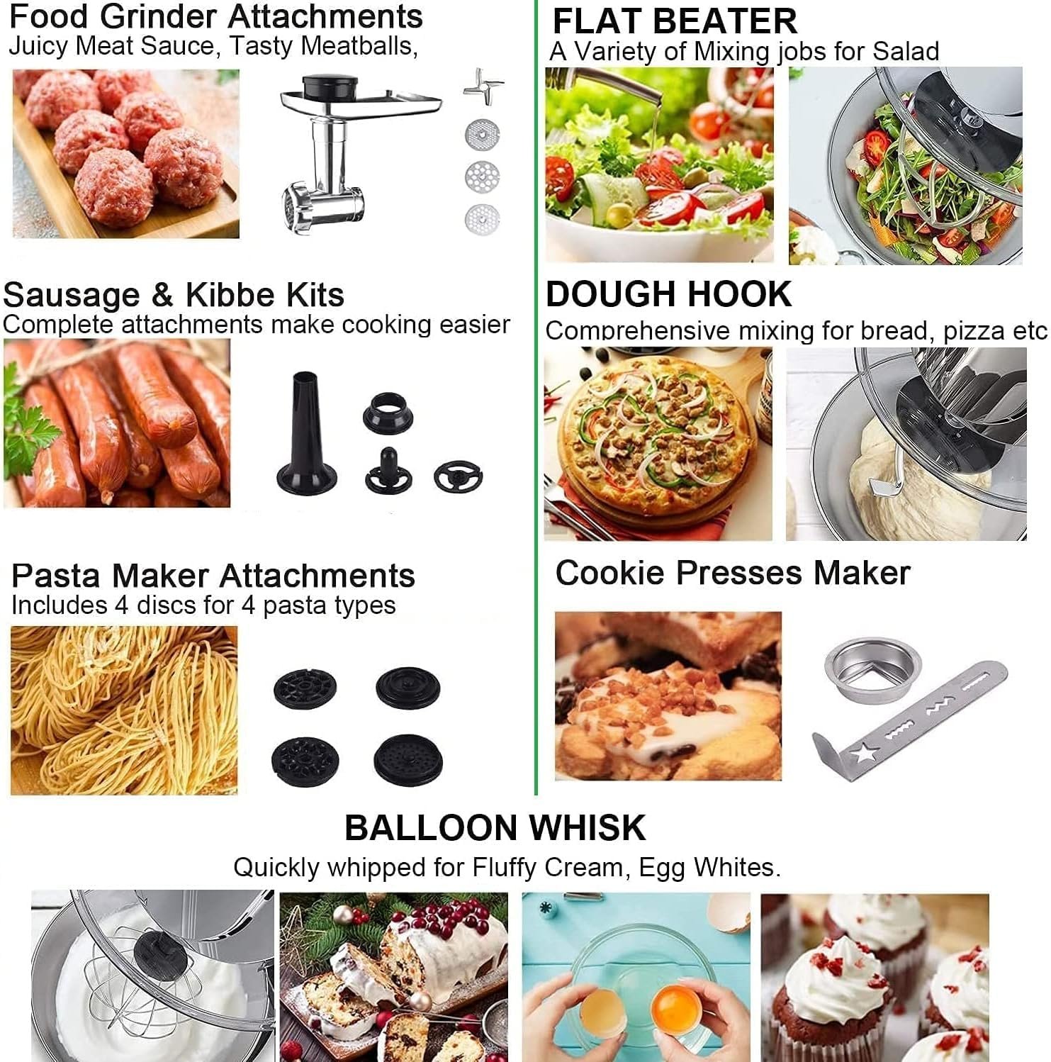 Aifeel Stand Mixer, 8.5QT+ 6QT Two Stainless Steel Bowls Electric Food Mixer, 7 in 1 Multifunctional Kitchen Mixer with Dough Hook, Whisk, Beater, Meat Grinder,Pasta & Cookie Maker-Black - Image 7