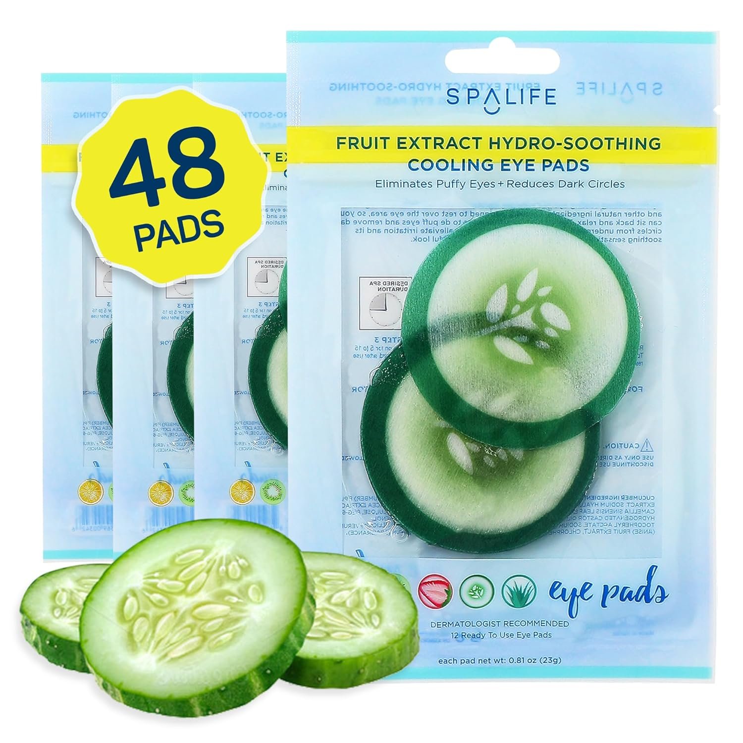 SpaLife Cooling Eye Pads - Korean Soothing Eye Pads for Dark Circles, Puffy Eyes, and Wrinkles - 48 Pads with Fruit + Vegetable Extracts - Revitalizing Hydrating Eye Pads for Eye Treatment (Cucumber) - Image 2