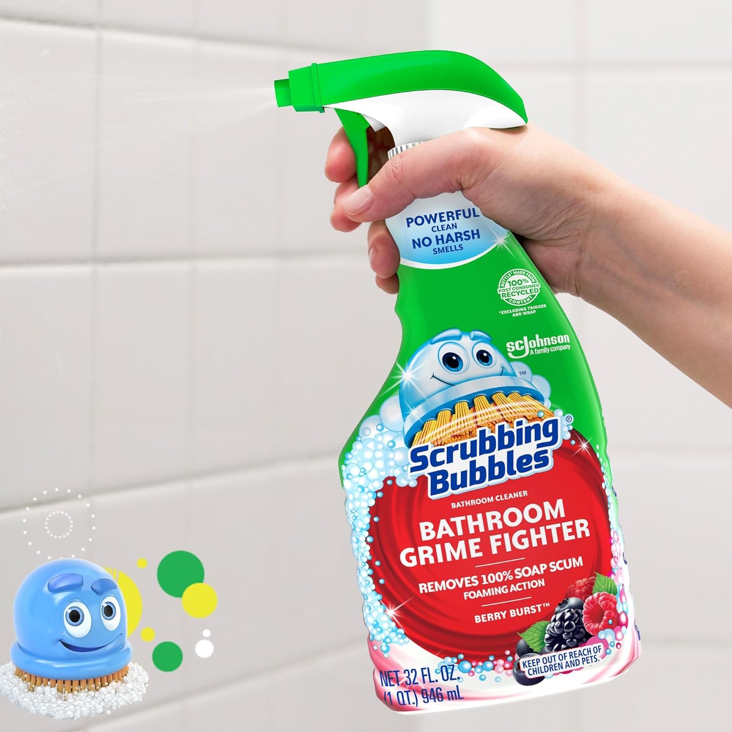 Scrubbing Bubbles Bathroom and Shower Cleaner Spray, Foaming Action Bathroom Grime Fighter Removing Soap Scum, Berry Burst Scent, 32oz - Image 4