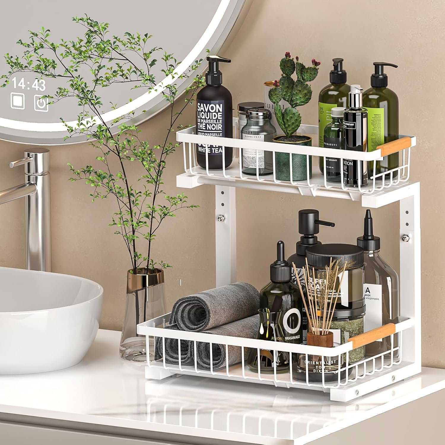 Under Sink Organizer 2 pack, 2 Tier Slide Out Under Sink Organizers And Storage, Height Adjustable Pull Out Cabinet Organizer Drawers, Kitchen Bathroom Metal Sink Storage Shelves, White - Image 8