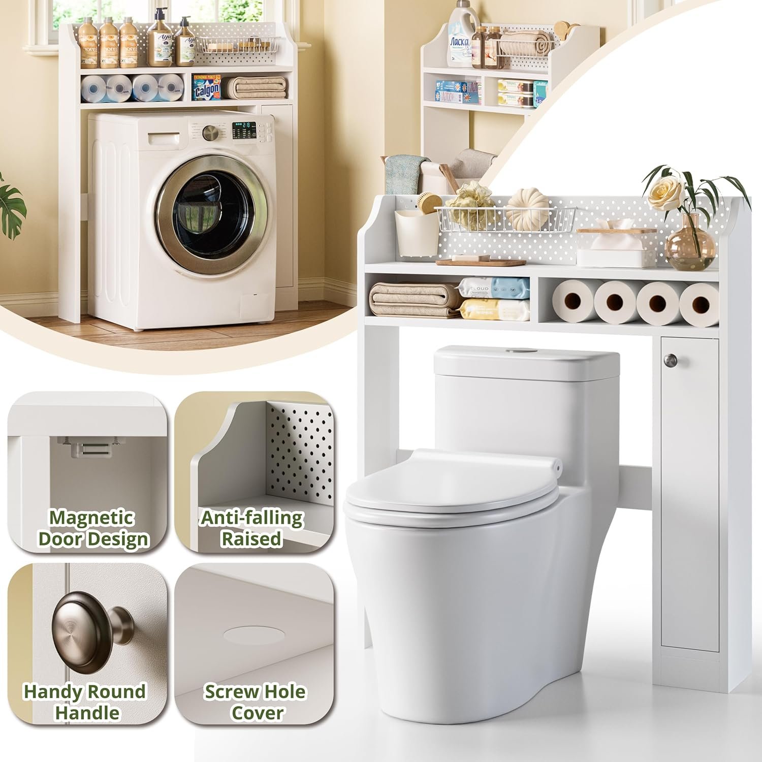 IRONCK Over The Toilet Storage Cabinet, Freestanding Bathroom Organizer with Door Cabinet & Open Shelves, Space-Saving Toilet Rack with Metal Pegboard and Wire Basket for Bathroom, Laundry Room, White - Image 5