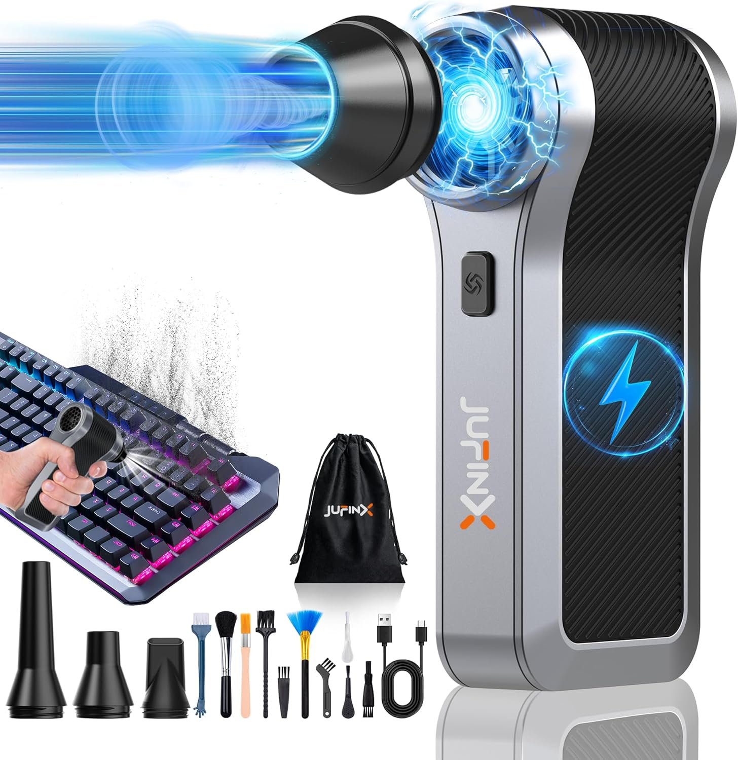 Compressed Air Duster for Man, 130000RPM Electric Air Duster - 4 in 1 Air Duster with Brushless Motor,3Gear Speeds,3pc Backup Air Nozzles,Compressed Air for Keyboard,Car Cleaning,Gifts for Men - Image 2