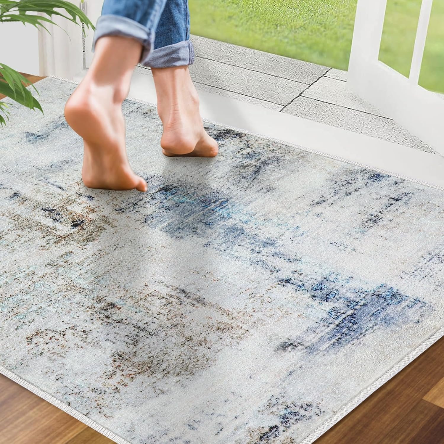 Door Mat, Front Indoor Door Mat Faux Wool Non-Slip Entryway Rug Absorbent Abstract Throw Rug for Indoor Entrance Hallway Laundry Room, High Traffic Areas, 32 x 48 Inches, Mottled Light Blue - Image 8