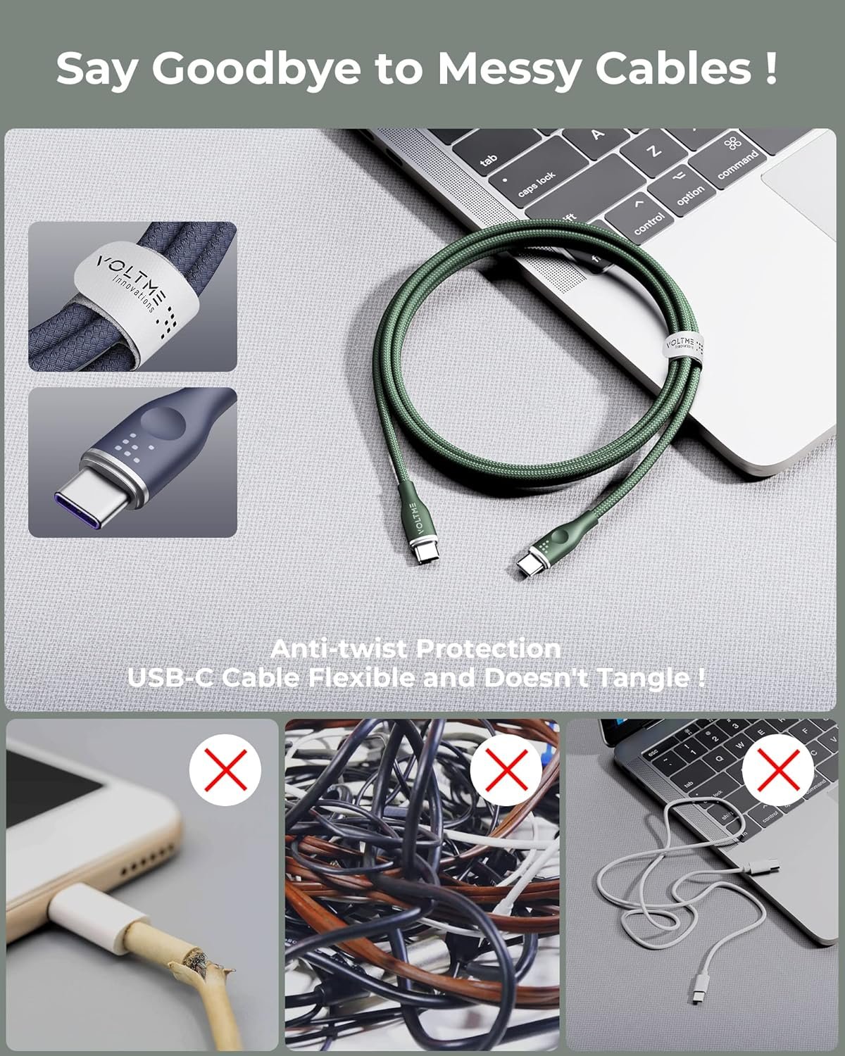 VOLTME USB C Cable (3.3ft 100W, 2-Pack), Premium Nylon USB C to USB C Cable 2.0, Type C Charging Cable Fast Charge for MacBook Pro 2020, iPad Pro 2021, Galaxy S22, Pixel, Switch and More-Green - Image 7