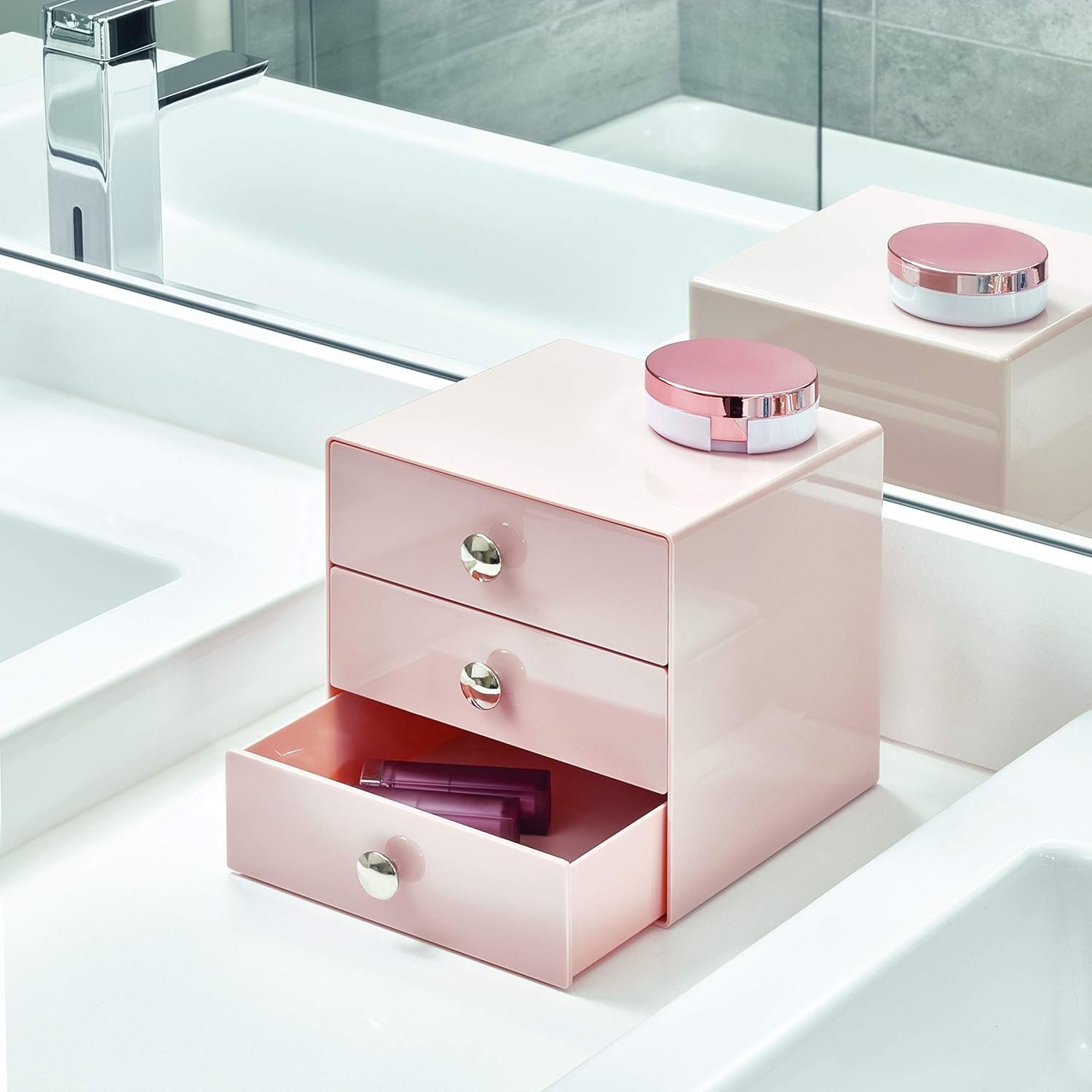 iDesign Plastic 3-Drawer Jewelry Box, Compact Storage Organization Drawers Set for Cosmetics, Dental Supplies, Hair Care, Bathroom, Office, Dorm, Desk, Countertop, 6.5" x 6.5" x 6.5", Pink - Image 3