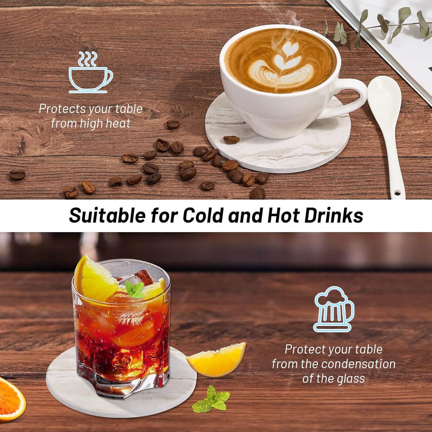 Acejoz Drink Coasters with Holder for Coffee Table, Absorbent Coaster Sets of 6, Marble Style Ceramic Coaster for Wooden Table, Suitable for Kinds of Cups, Home Decor, 4 Inches - Image 7