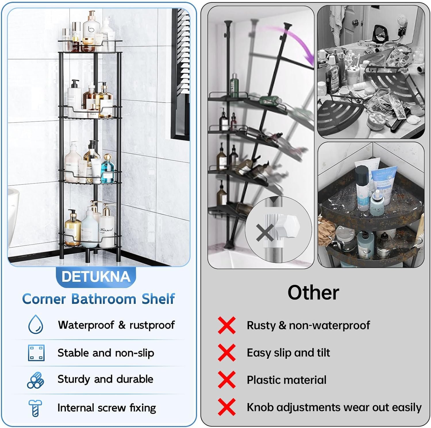 Corner Shower Caddy, 4 Tier Rustproof Shower Organizer Shelf for Bathroom Shampoo Storage, Waterproof Stainless Steel Floor Corner Stand Rack for Bathroom Balcony Kitchen, No Drilling, Black… - Image 7