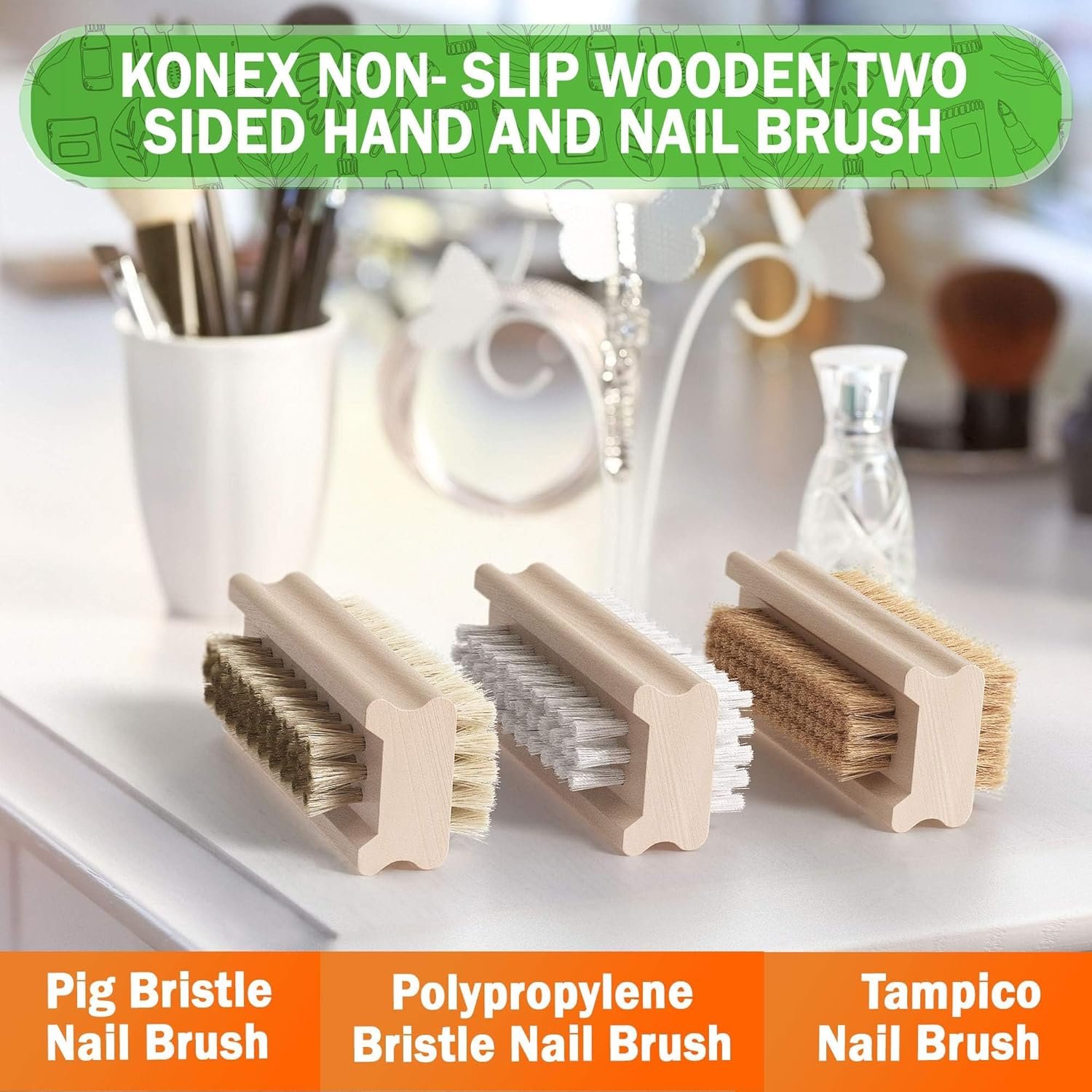 Konex Non-Slip Wooden Two-sided Hand and Nail Brush. Fingernail Brush for Nail Cleaning and Scrubbing. Heavy duty Stiff Nail Brush for Travel. Mechanic hand scrub brush with molded grip. - Image 9