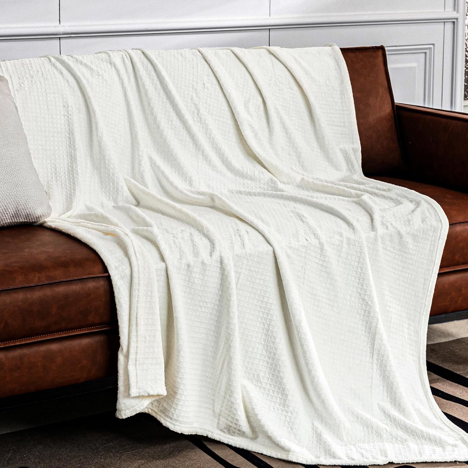 Soft Cozy 50x70 Inches Waffle Flannel Throw Blanket,3D Jacquard Grid Design Luxury,Lightweight Plush Fuzzy Summer Blanket Fleece Blanket for Couch,Bed,Sofa,Camping and Travel,Ivory White - Image 3