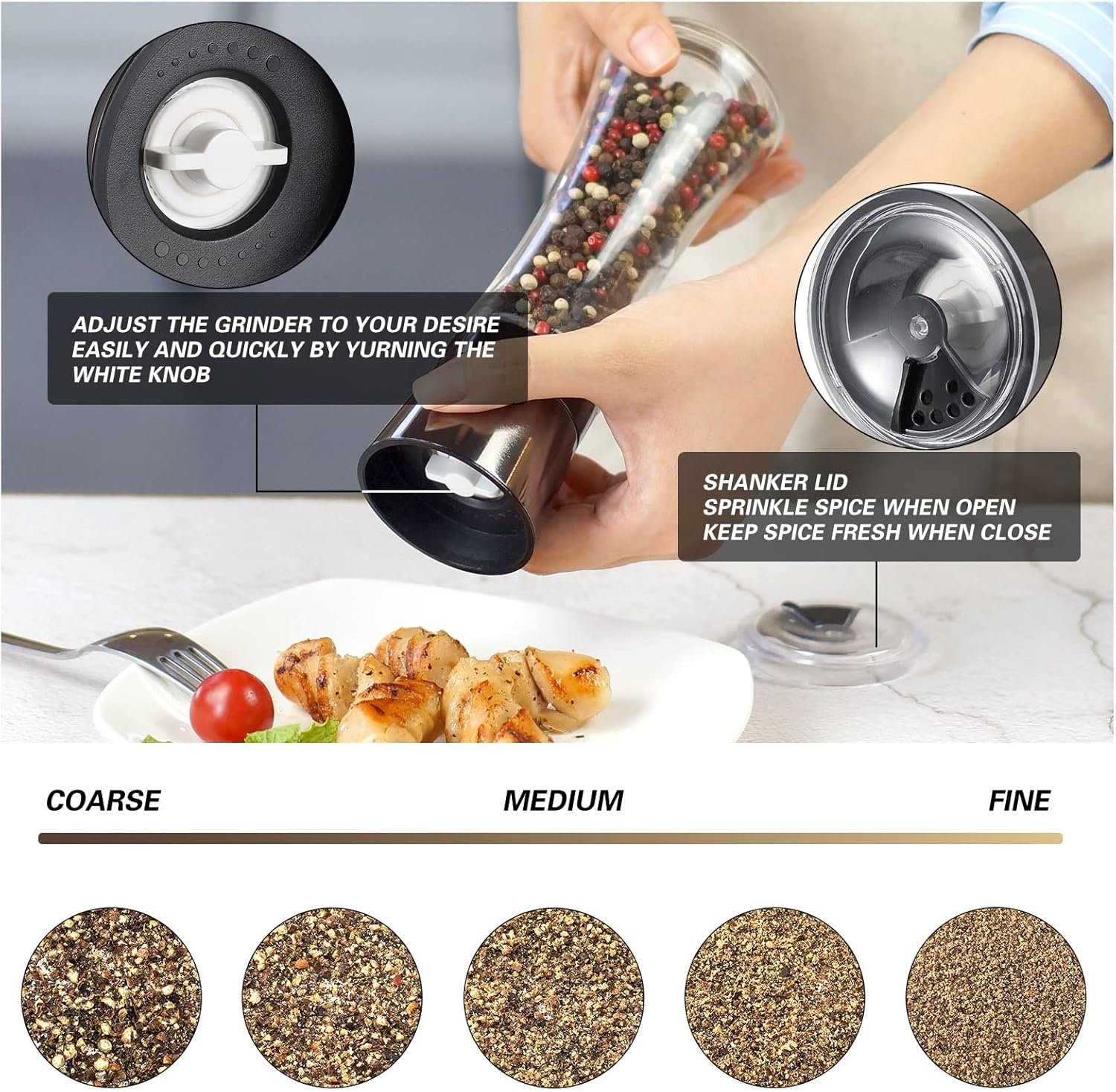VEVOK CHEF Salt and Pepper Grinder Set Stainless Steel Black Salt and Pepper Mill with Adjustable Coarseness Salt Shaker Set Spice Grinder Black Pepper Grinder Refillable Home Kitchen - Image 3