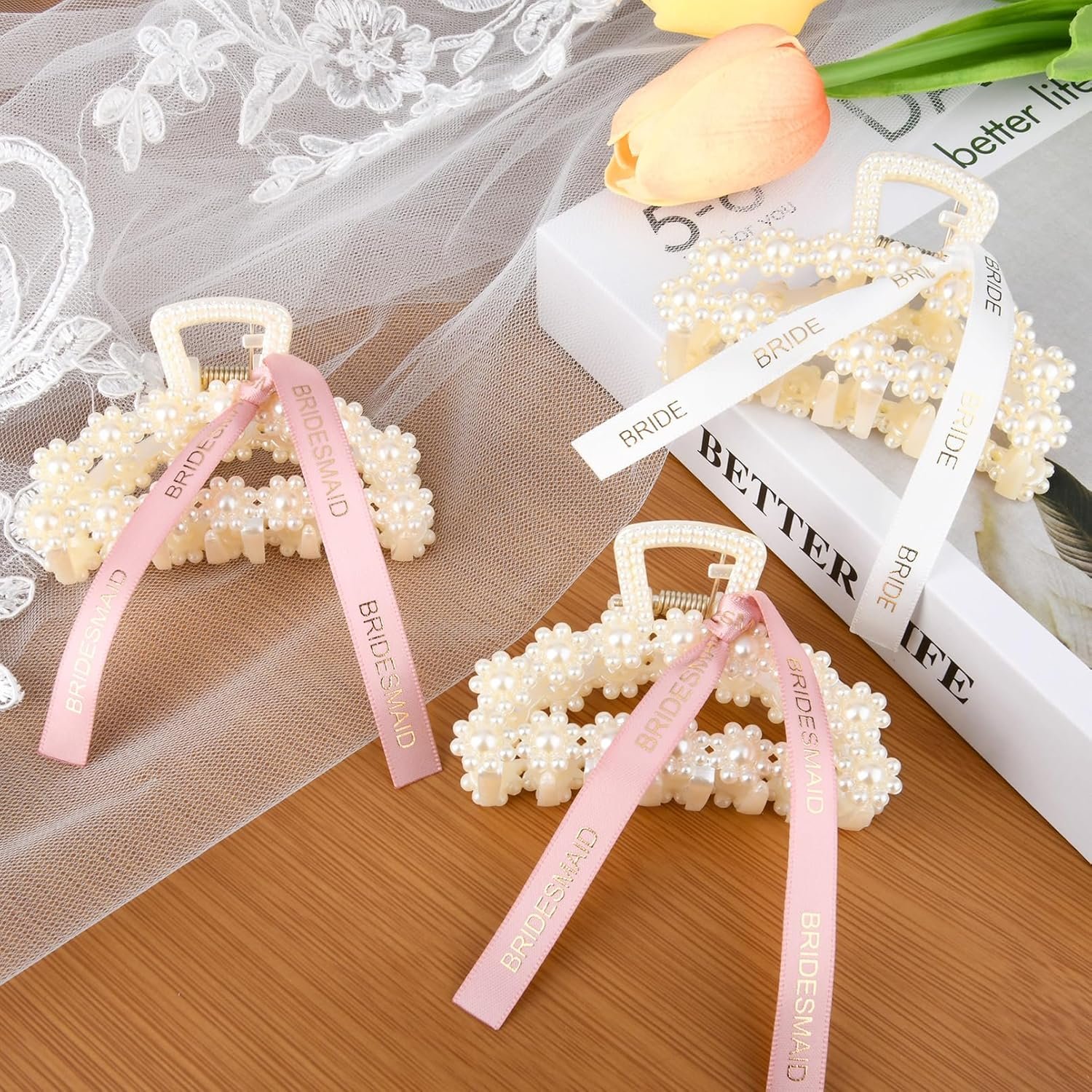 DEEKA Bridesmaid Proposal Gifts 8 Pack Pearl Bridesmaid Hair Claw Clips with Ribbon 3 Inch Hair Clips Bachelorette Party Favors Bridal Party Present Hair Accessories (Half Circle White&Rose Gold) - Image 5