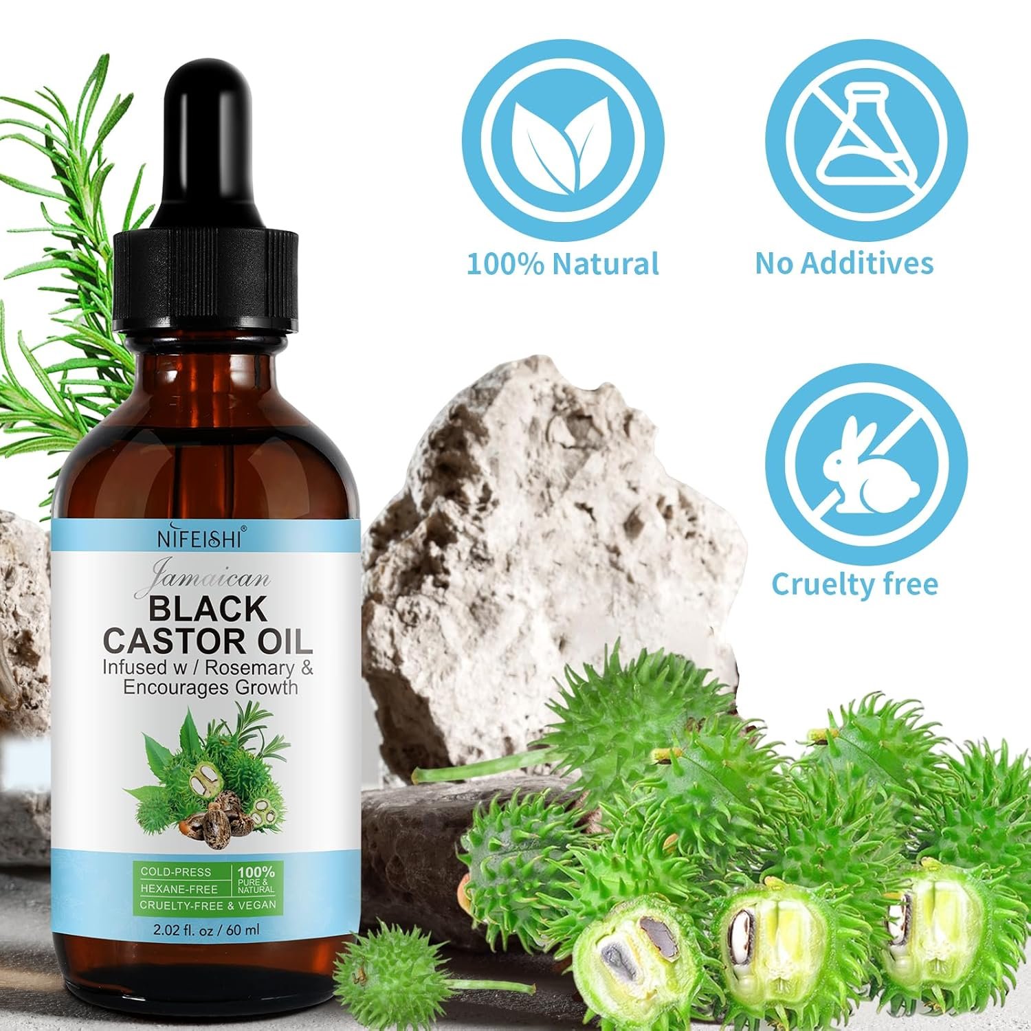 NIFEISHI Organic Castor Oil, 2pcs Pure Natural Jamaican Black Castor Oil Infused with Rosemary, Cold Pressed Glass Bottles, Boost Hair Growth for Thicker, Fuller Hair, Eyelashes & Eyebrows 2.02 fl oz - Image 3
