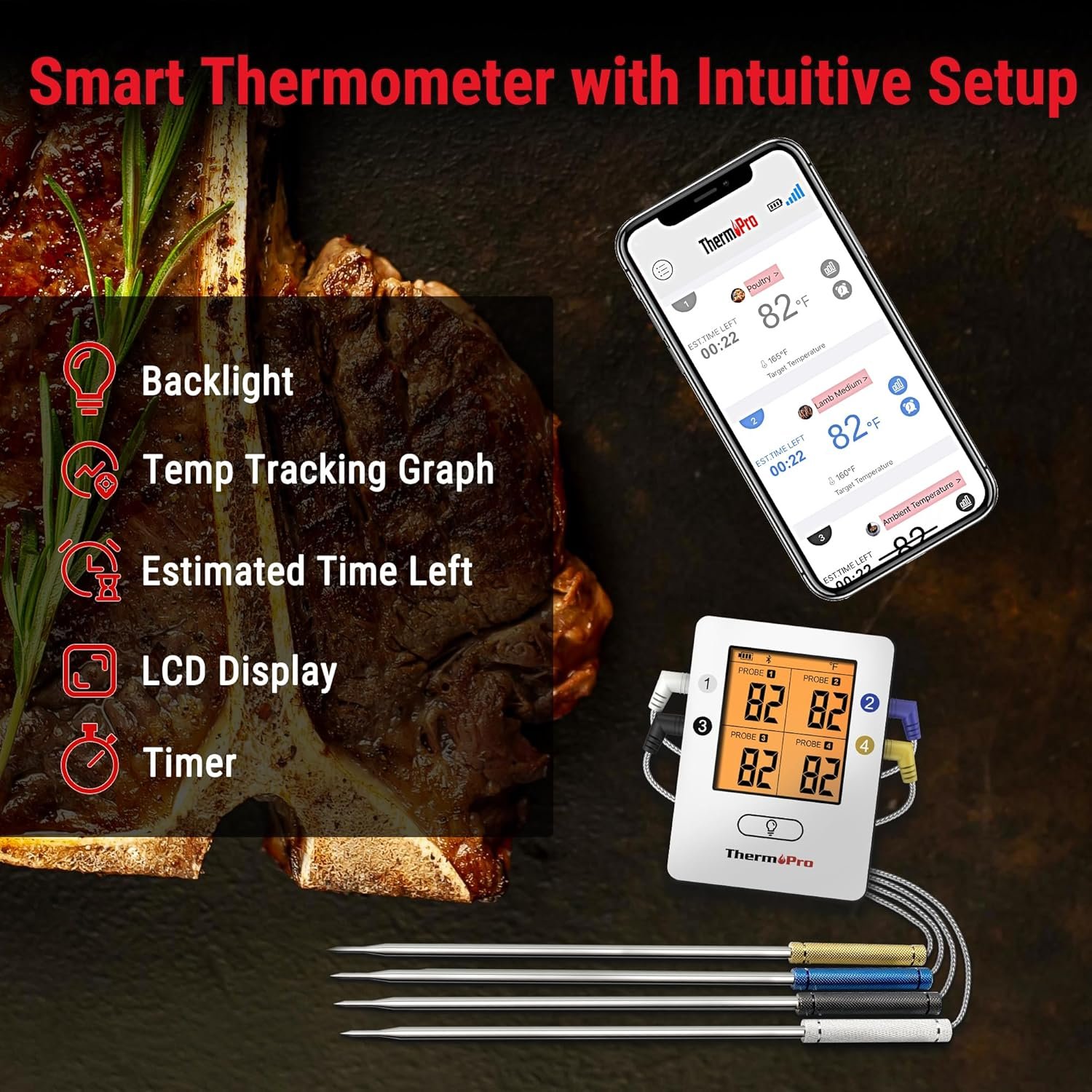 ThermoPro TP25 650FT Wireless Meat Thermometer with 4 Probes, Bluetooth Meat Thermometer for Cooking, BBQ Oven Food Smoker Thermometer Rechargeable - Image 6