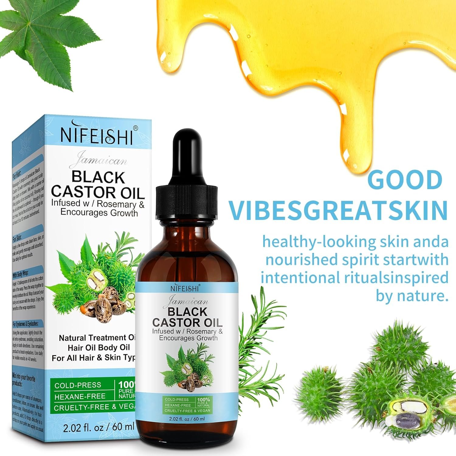 NIFEISHI Organic Castor Oil, 2pcs Pure Natural Jamaican Black Castor Oil Infused with Rosemary, Cold Pressed Glass Bottles, Boost Hair Growth for Thicker, Fuller Hair, Eyelashes & Eyebrows 2.02 fl oz - Image 8