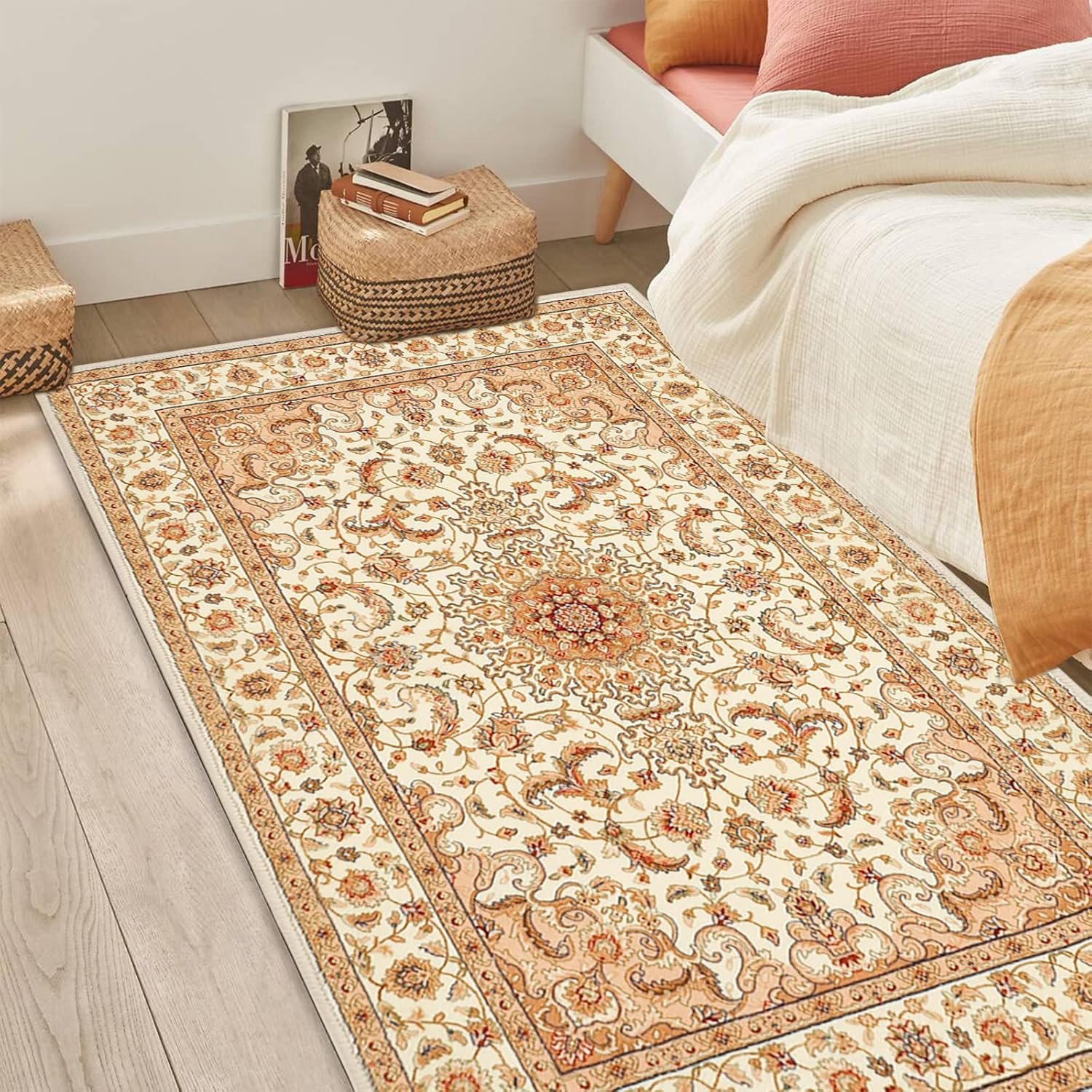 COMSLE Boho Area Rug, 4' x 6' Machine Washable Rugs for Entryway Faux Wool Large Rugs Distressed Throw Rug Non-Slip Floor Carpet for Indoor Bedroom Kitchen Living Room Cream/Beige-2 - Image 4