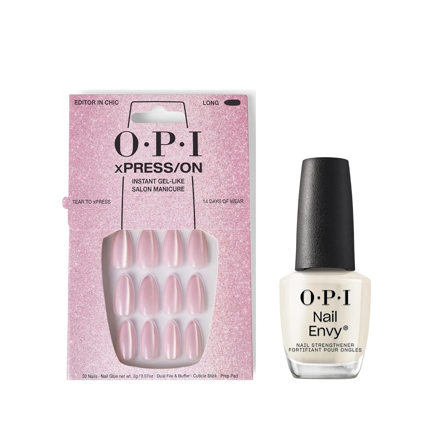 Bundle of OPI xPress/ON Press On Nails, With Nail Glue, Long Baby Pink Velvet Almond Shape Nails, Editor in Chic + OPI Nail Envy, Nail Strengthening Treatment, Vegan Formula, 0.5 fl oz - Image 2