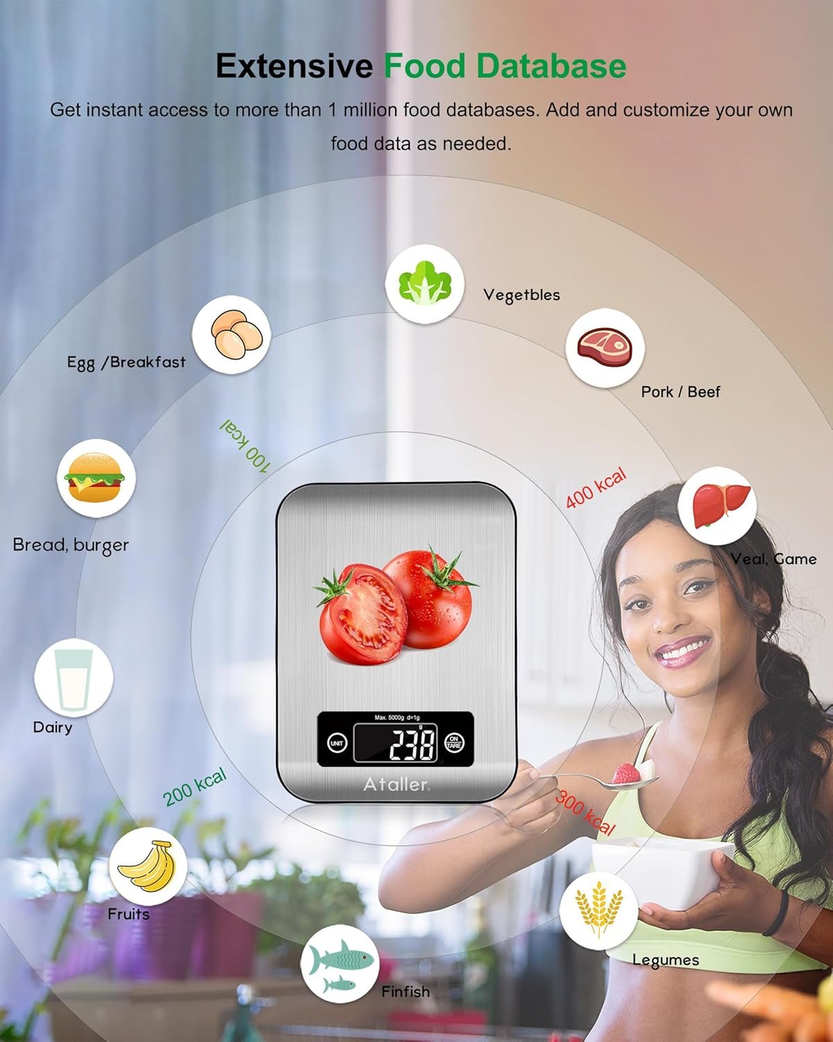 Ataller Smart Food Nutrition Scale, Digital Kitchen Scales with Smartphone App for Meal Planning, Tracking Calorie Value and Food Nutritional Counting, Resolution 1g, Max 5kg 11Ib, 304 Stainless Steel - Image 5